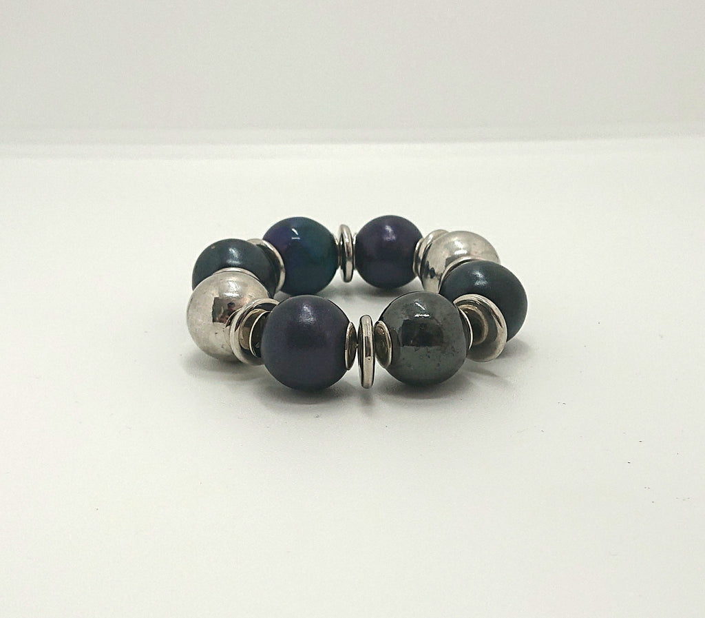 Vintage Chunky Beaded Bangle/Bracelet Blue, Silver Purple Round Beads Costume Jewellery Jewelry