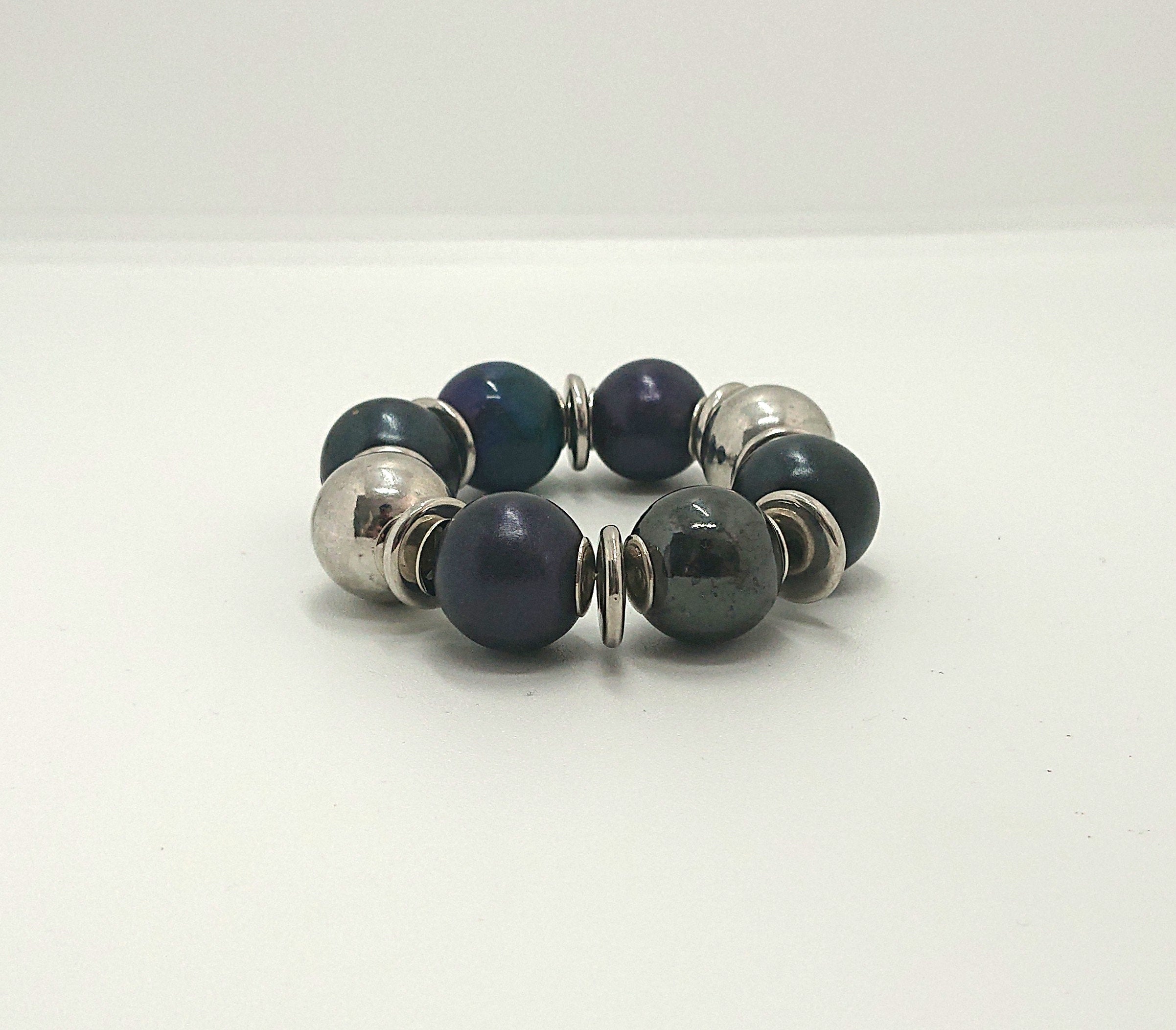 Vintage Chunky Beaded Bangle/Bracelet Blue, Silver Purple Round Beads Costume Jewellery Jewelry