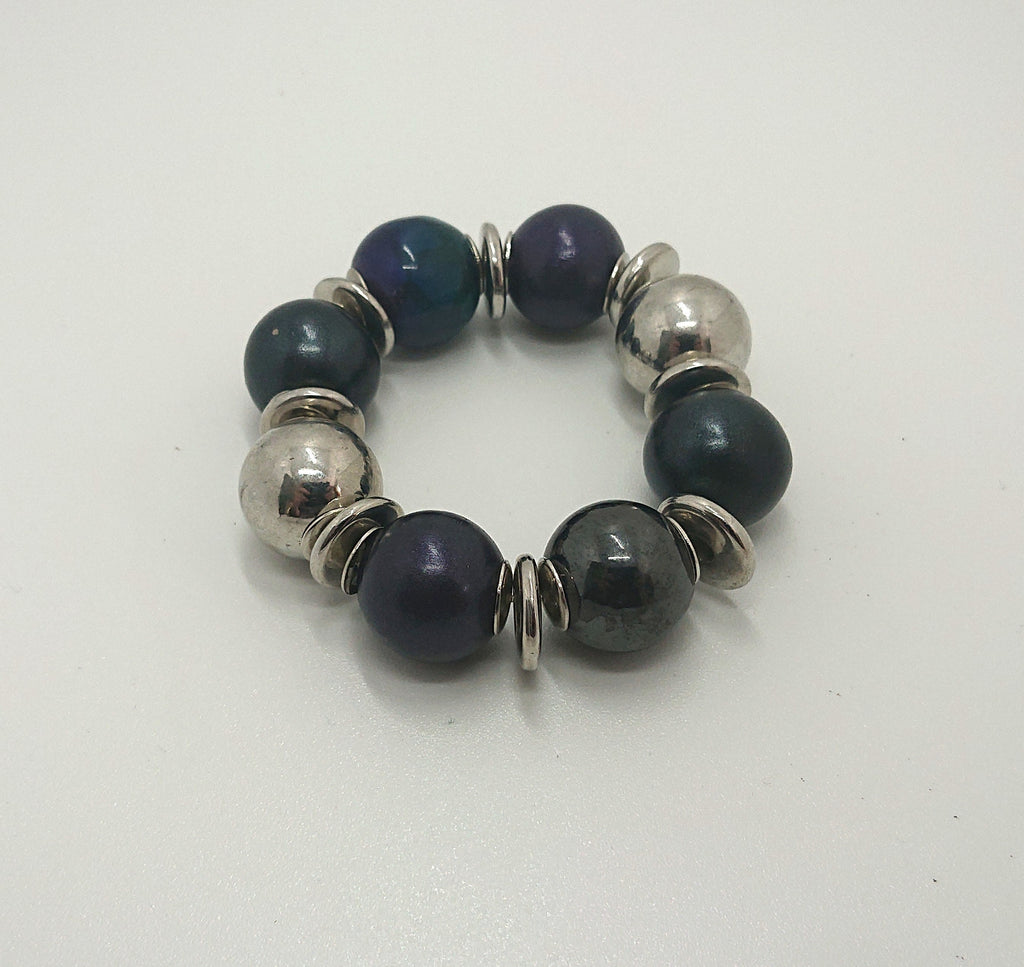 Vintage Chunky Beaded Bangle/Bracelet Blue, Silver Purple Round Beads Costume Jewellery Jewelry