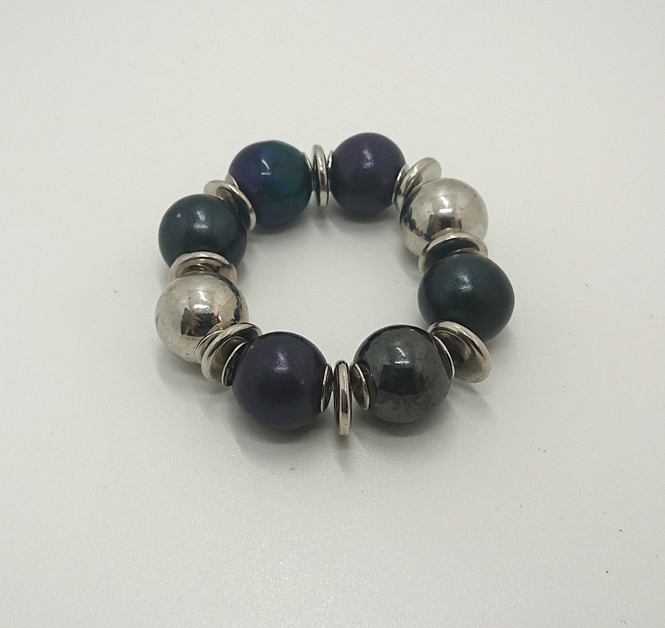 Vintage Chunky Beaded Bangle/Bracelet Blue, Silver Purple Round Beads Costume Jewellery Jewelry