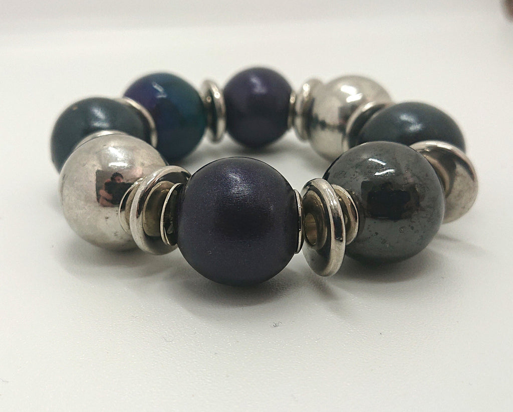 Vintage Chunky Beaded Bangle/Bracelet Blue, Silver Purple Round Beads Costume Jewellery Jewelry