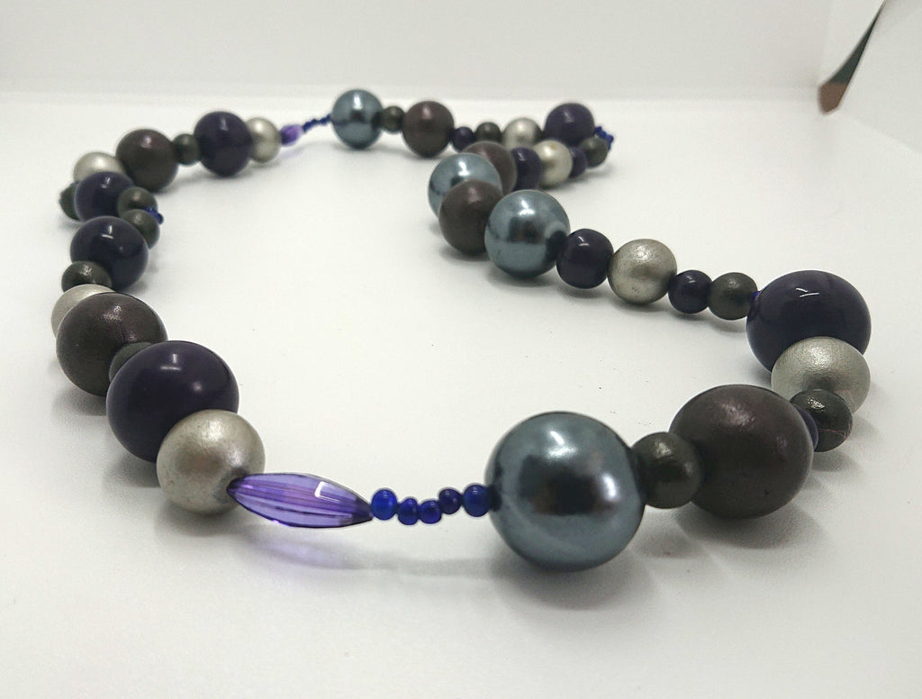 Vintage Chunky Round Beaded Necklace Blue, Silver Lucite, Wooden Modern Style Costume Jewellery Jewelry