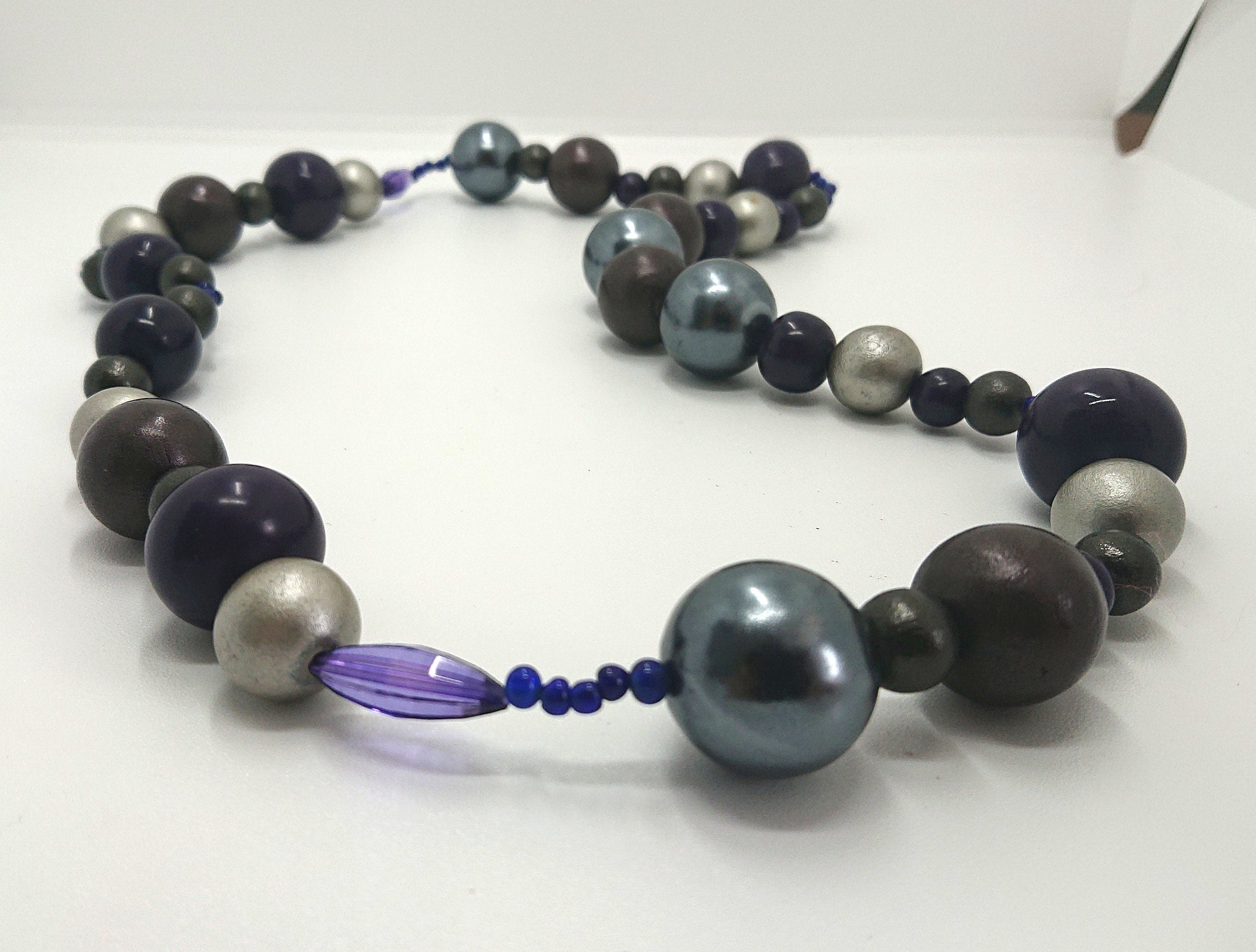 Vintage Chunky Round Beaded Necklace Blue, Silver Lucite, Wooden Modern Style Costume Jewellery Jewelry
