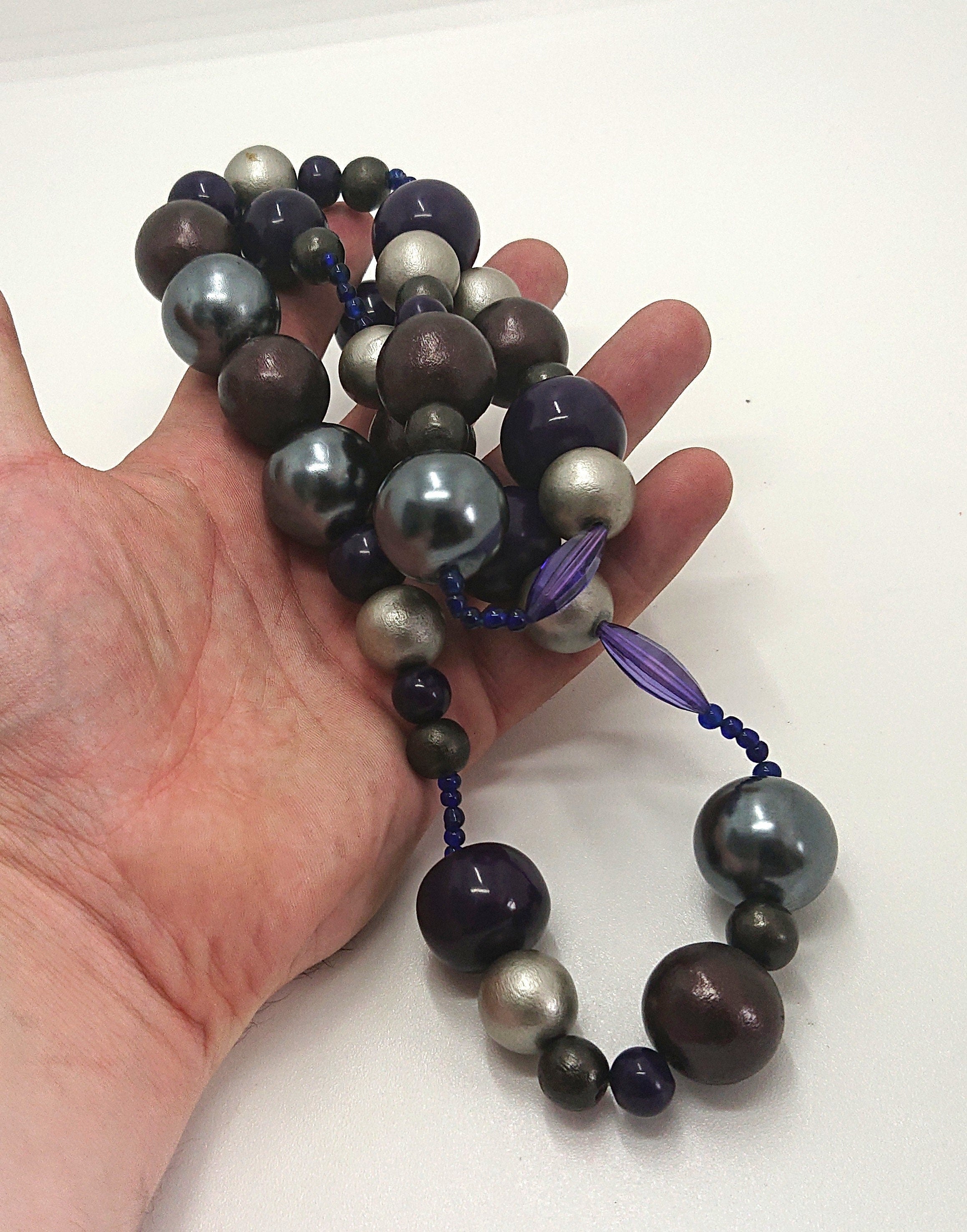 Vintage Chunky Round Beaded Necklace Blue, Silver Lucite, Wooden Modern Style Costume Jewellery Jewelry