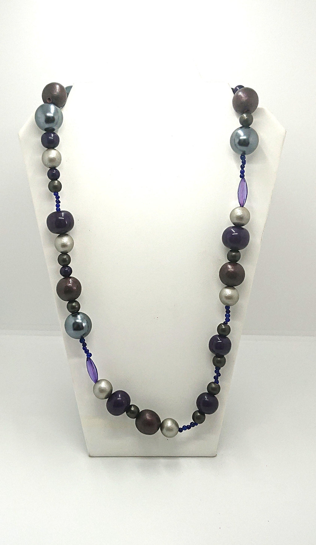 Vintage Chunky Round Beaded Necklace Blue, Silver Lucite, Wooden Modern Style Costume Jewellery Jewelry