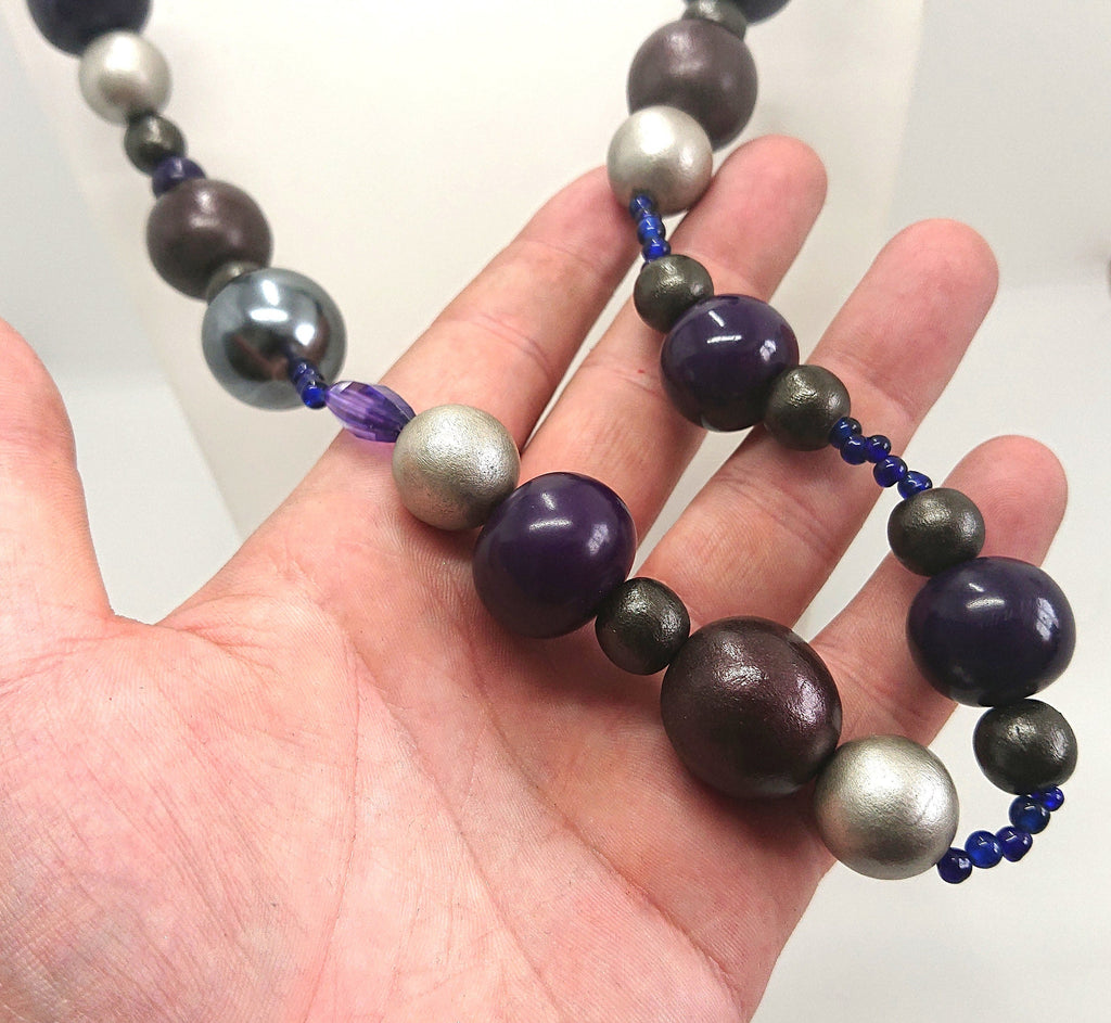 Vintage Chunky Round Beaded Necklace Blue, Silver Lucite, Wooden Modern Style Costume Jewellery Jewelry