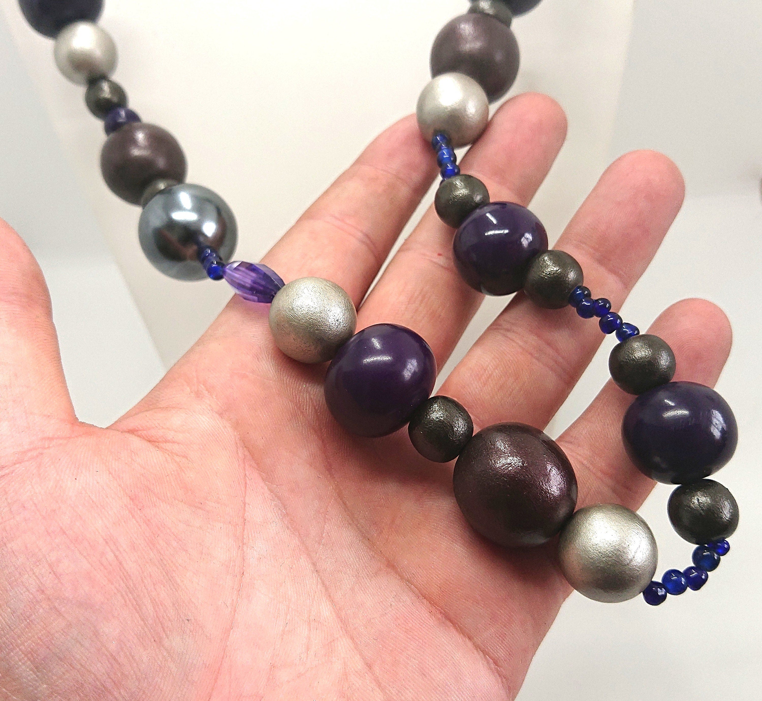 Vintage Chunky Round Beaded Necklace Blue, Silver Lucite, Wooden Modern Style Costume Jewellery Jewelry