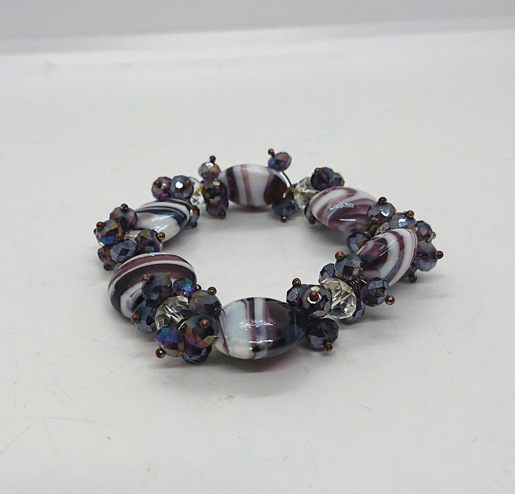Vintage Glass Beaded Bracelet Bangle Purple Aurora Borealis AB Rhinestone Costume Jewellery Jewelry