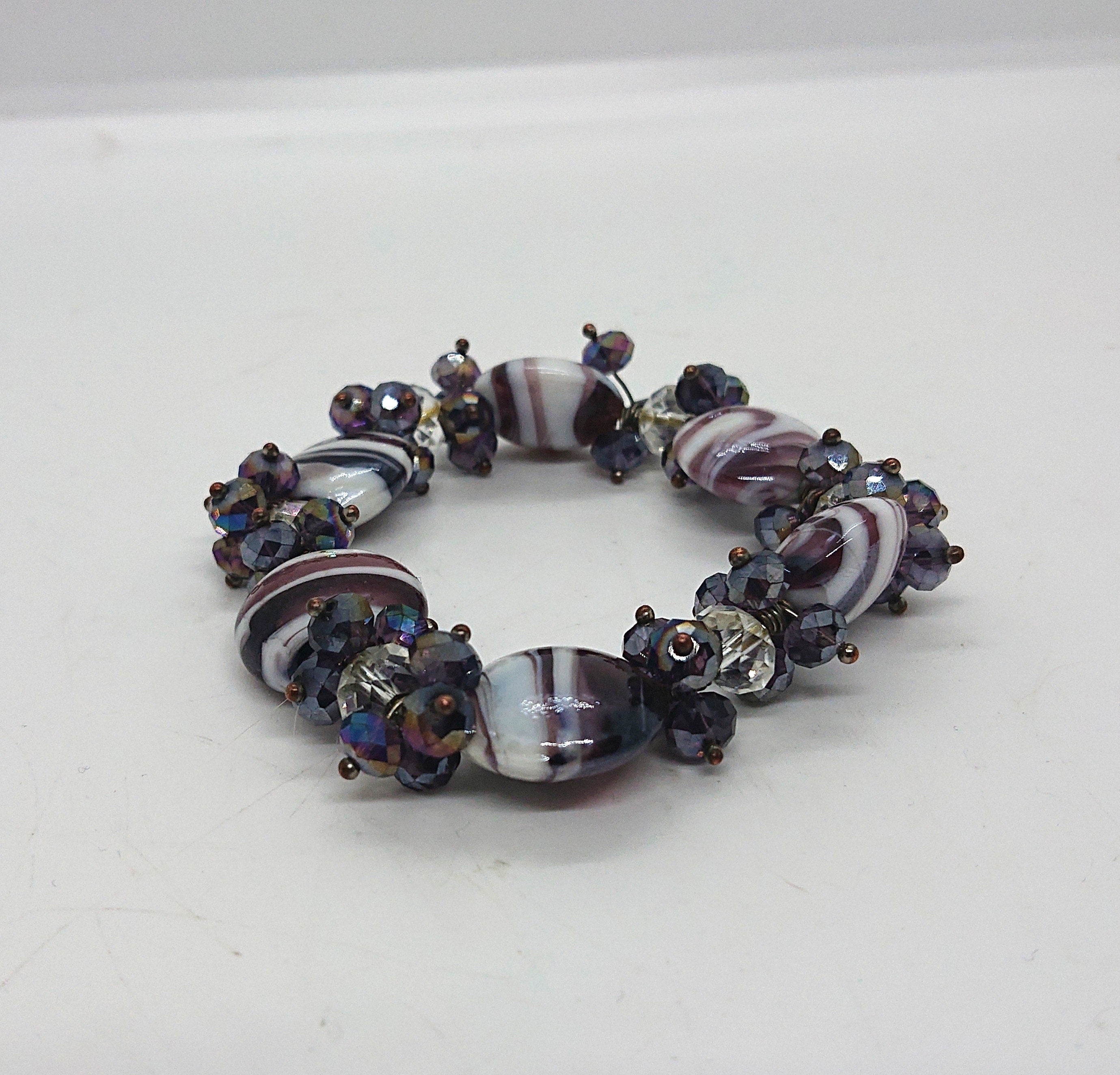Vintage Glass Beaded Bracelet Bangle Purple Aurora Borealis AB Rhinestone Costume Jewellery Jewelry