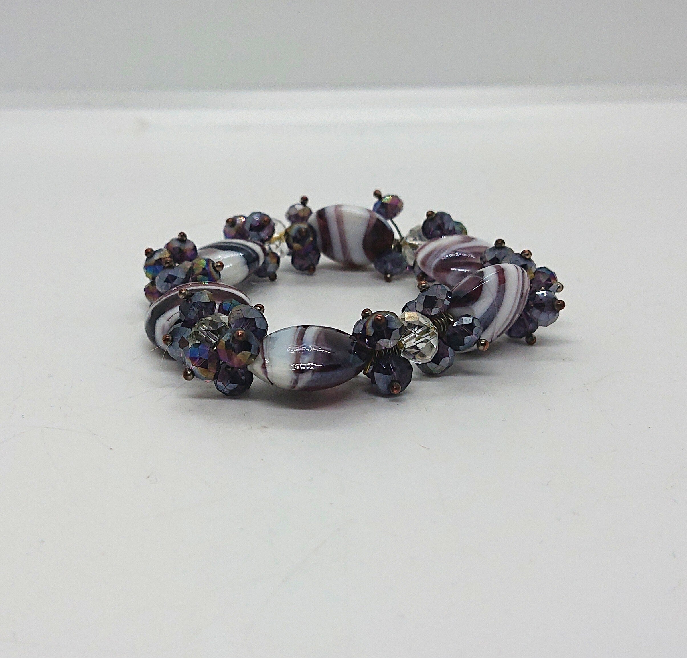 Vintage Glass Beaded Bracelet Bangle Purple Aurora Borealis AB Rhinestone Costume Jewellery Jewelry
