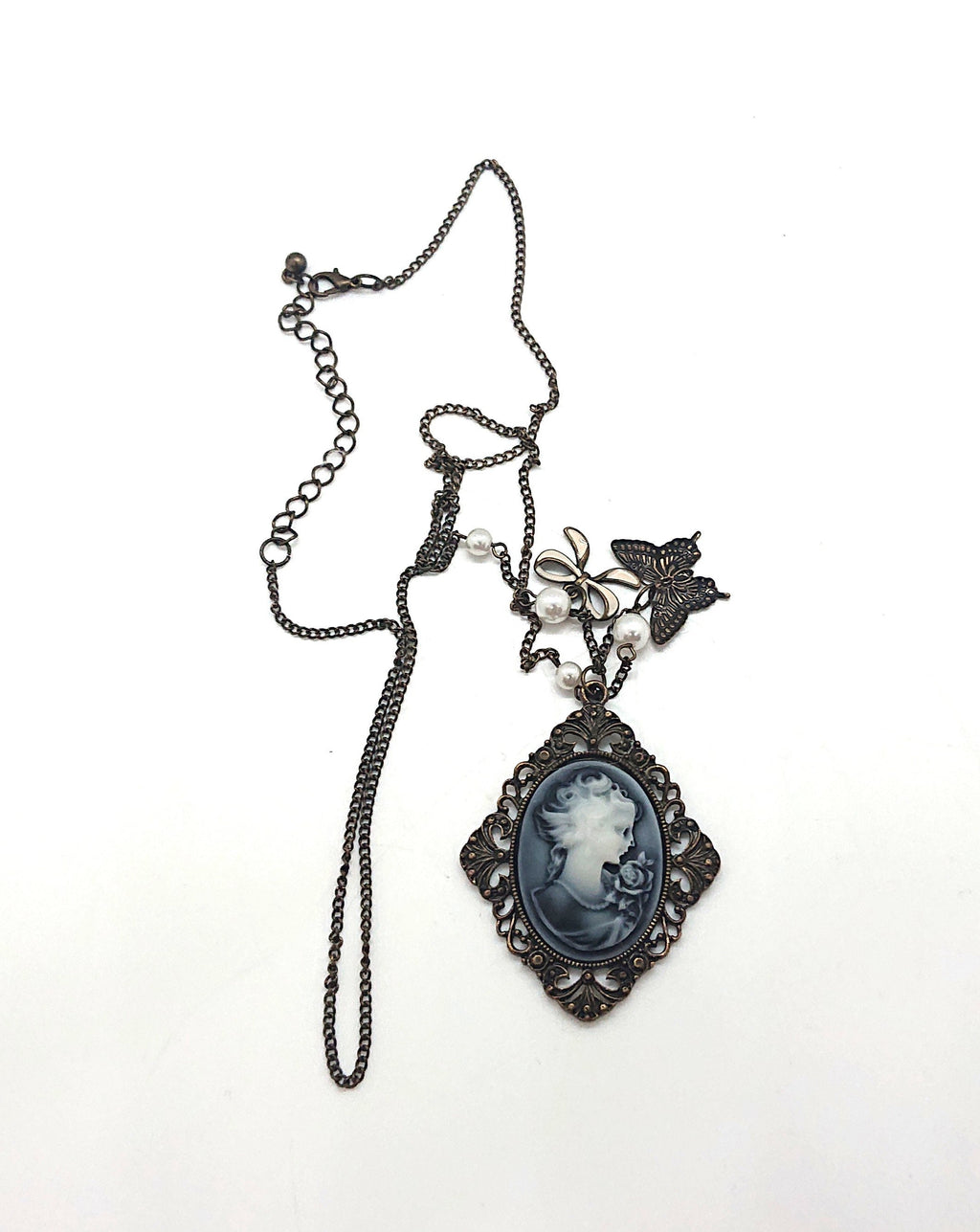 Vintage Pendant Necklace Bronze Butterfly Cameo Faux Pearl Necklace Shabby Chic Art Nouveau Style
