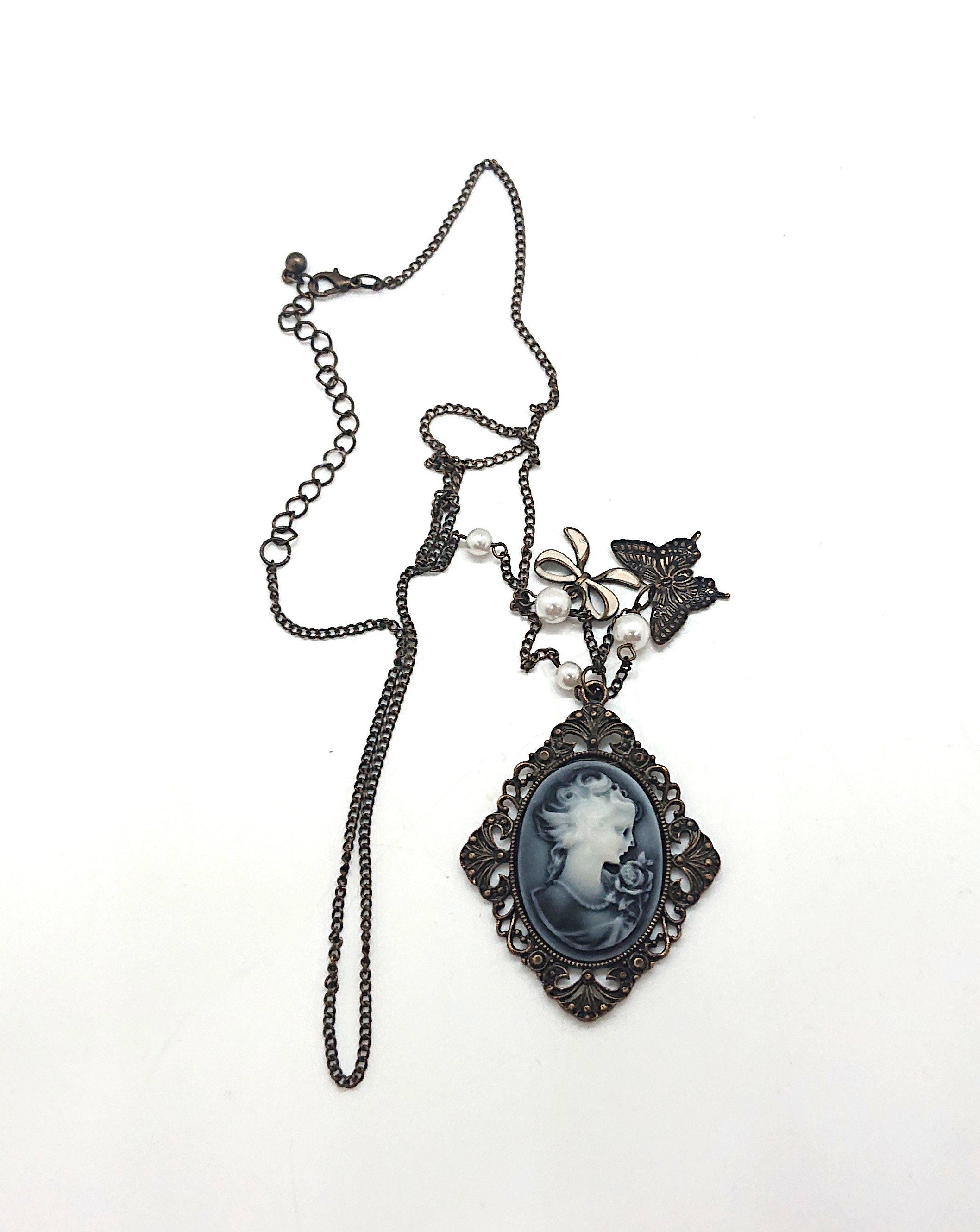 Vintage Pendant Necklace Bronze Butterfly Cameo Faux Pearl Necklace Shabby Chic Art Nouveau Style