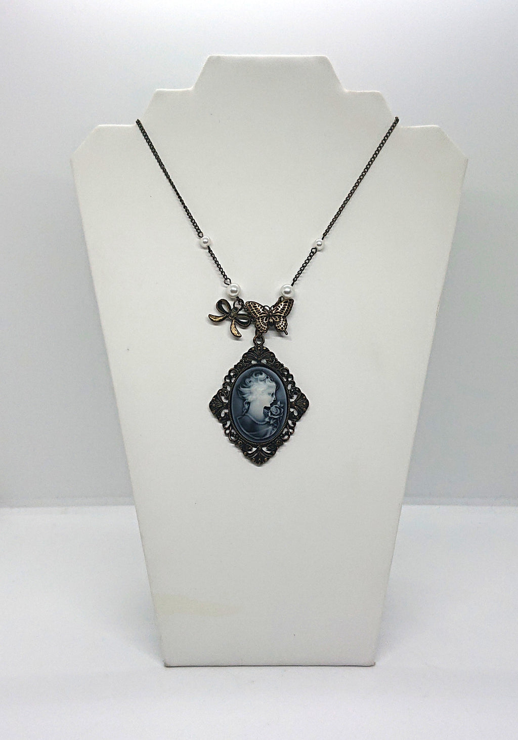Vintage Pendant Necklace Bronze Butterfly Cameo Faux Pearl Necklace Shabby Chic Art Nouveau Style