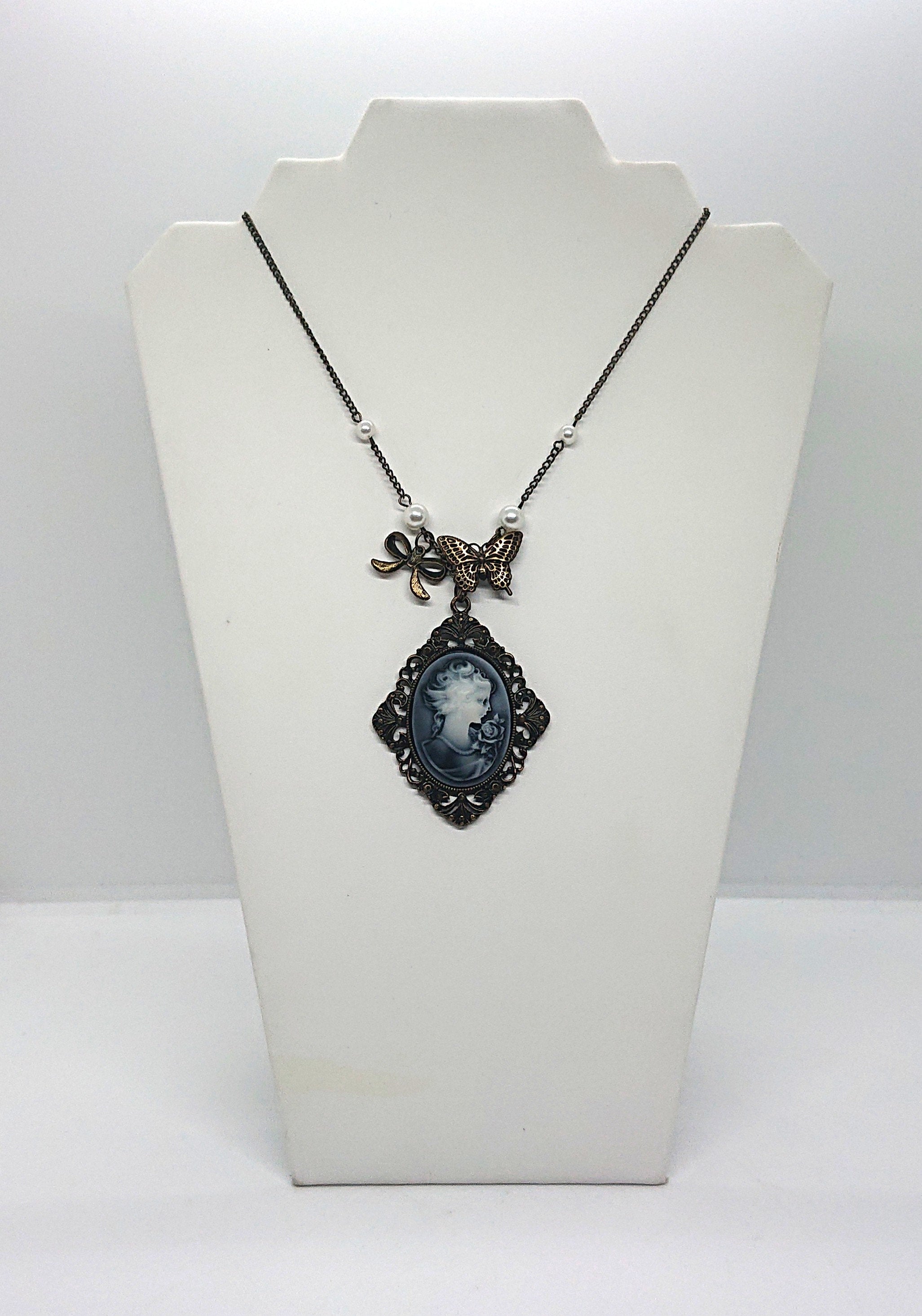 Vintage Pendant Necklace Bronze Butterfly Cameo Faux Pearl Necklace Shabby Chic Art Nouveau Style