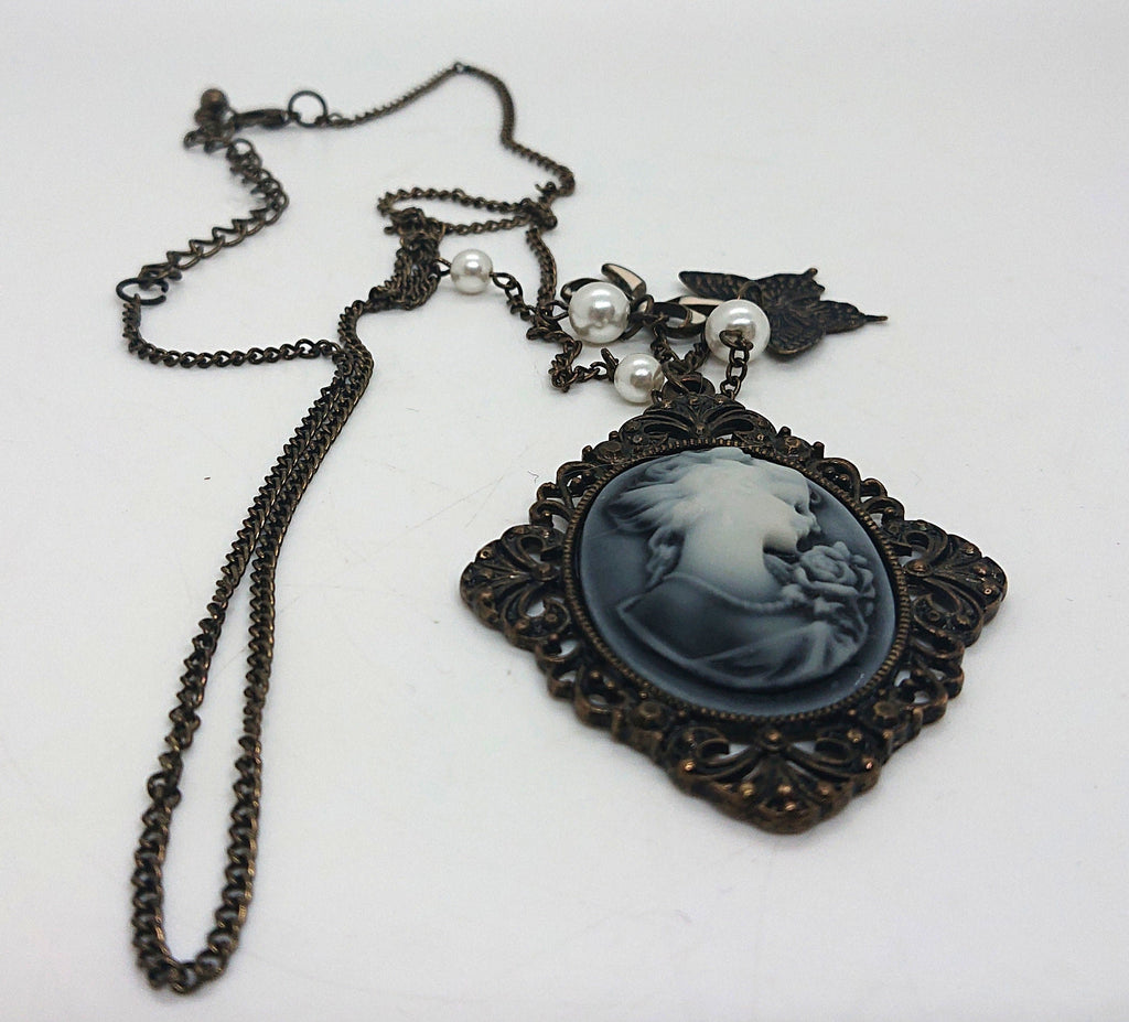Vintage Pendant Necklace Bronze Butterfly Cameo Faux Pearl Necklace Shabby Chic Art Nouveau Style