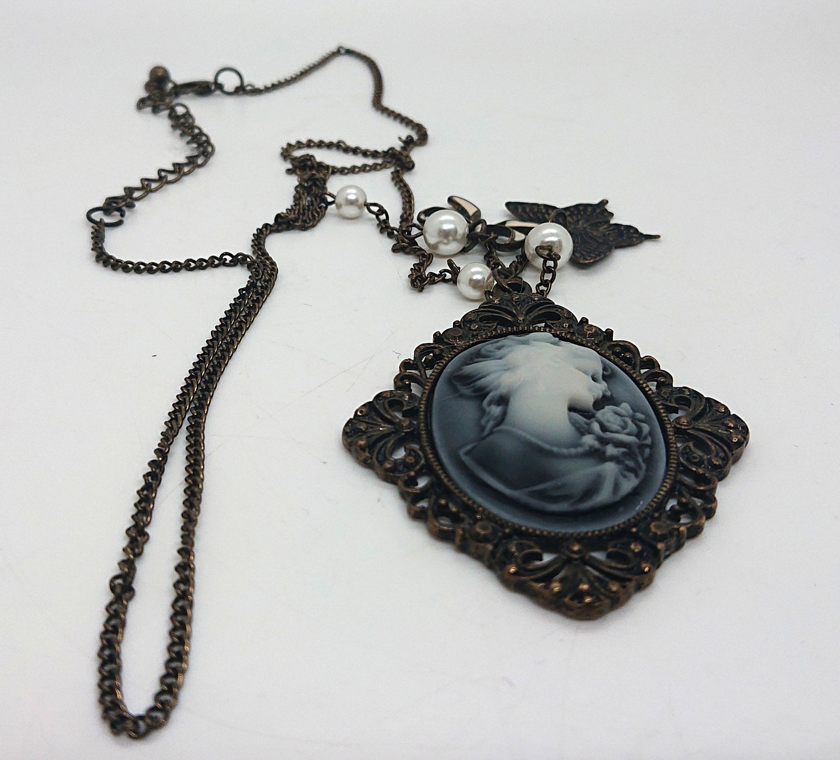 Vintage Pendant Necklace Bronze Butterfly Cameo Faux Pearl Necklace Shabby Chic Art Nouveau Style