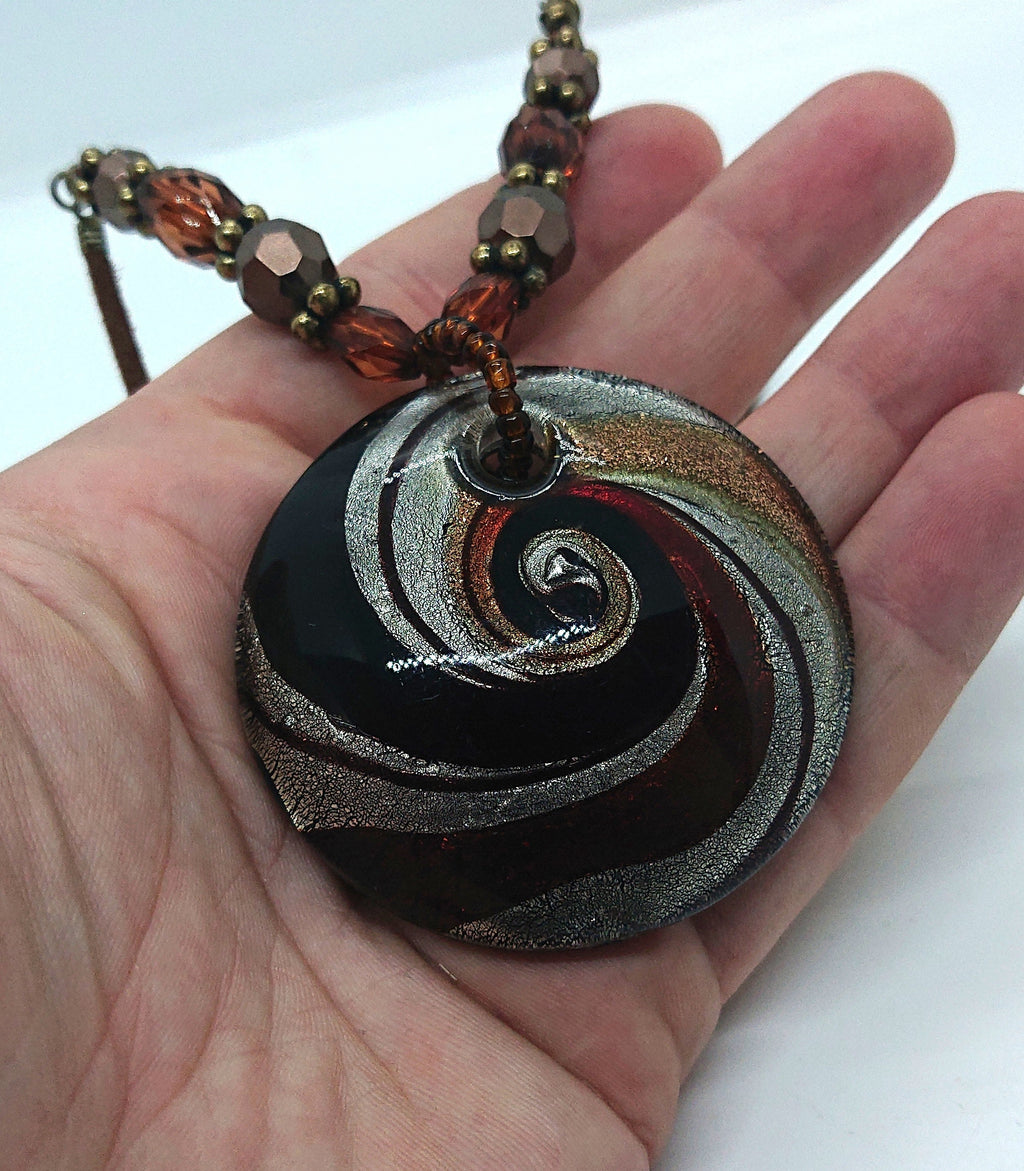 Vintage Boho Glass Pendant Necklace, Bronze Silver Gold Foil, 12 inch