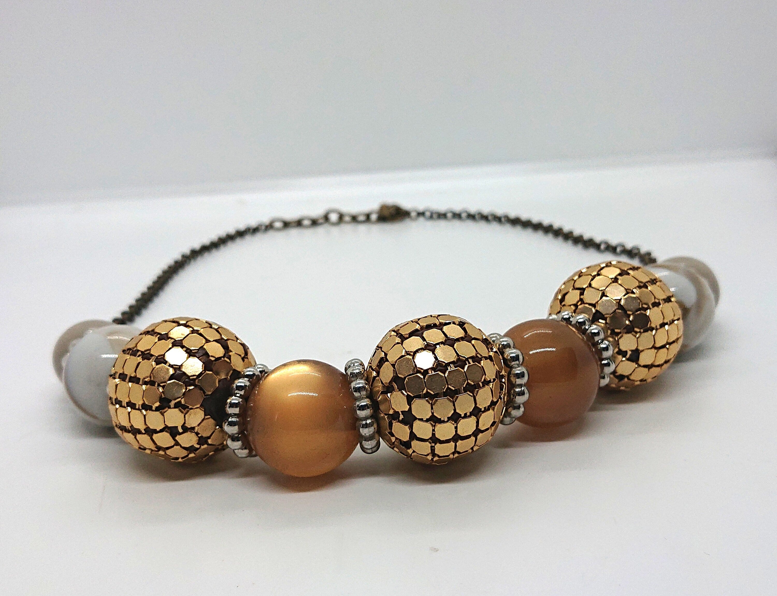 Vintage Gold Chunky Beaded Necklace Costume Jewellery Jewelry Cream, Copper Lucite Round Beads
