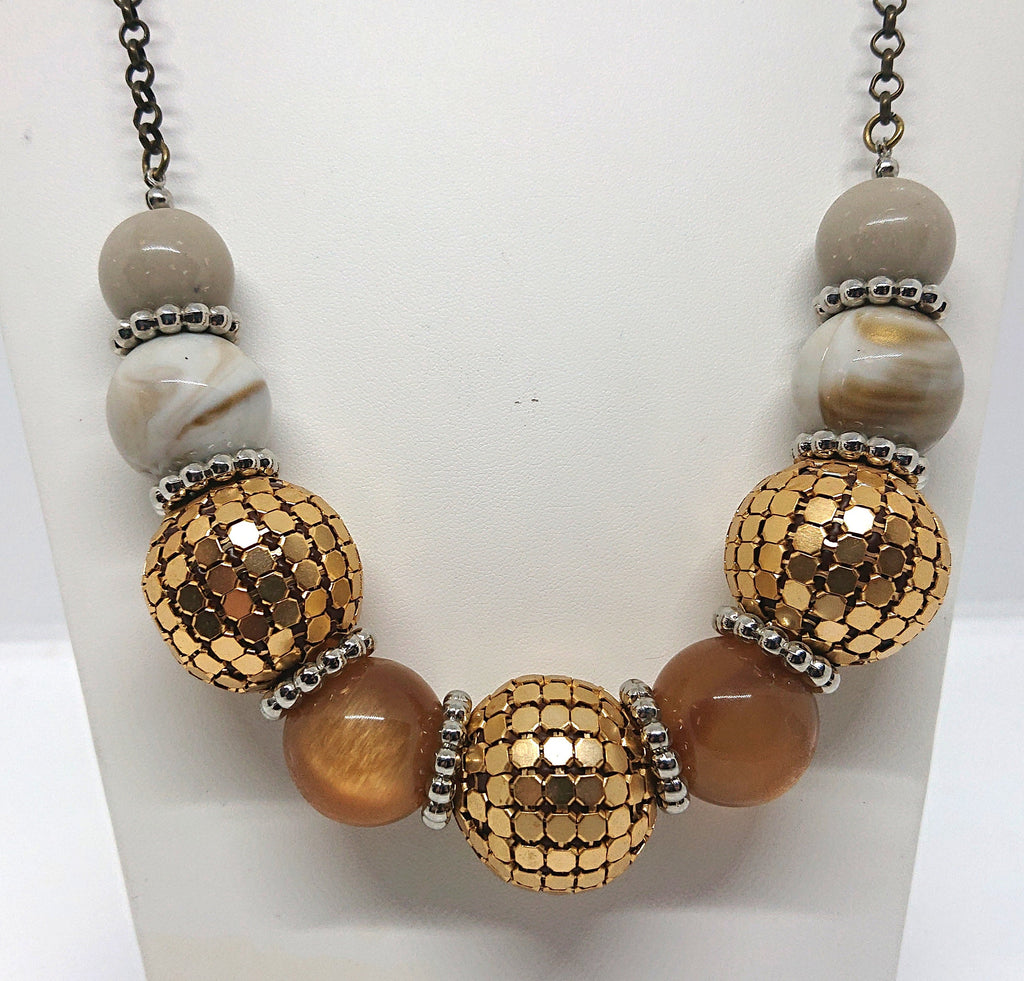 Vintage Gold Chunky Beaded Necklace Costume Jewellery Jewelry Cream, Copper Lucite Round Beads
