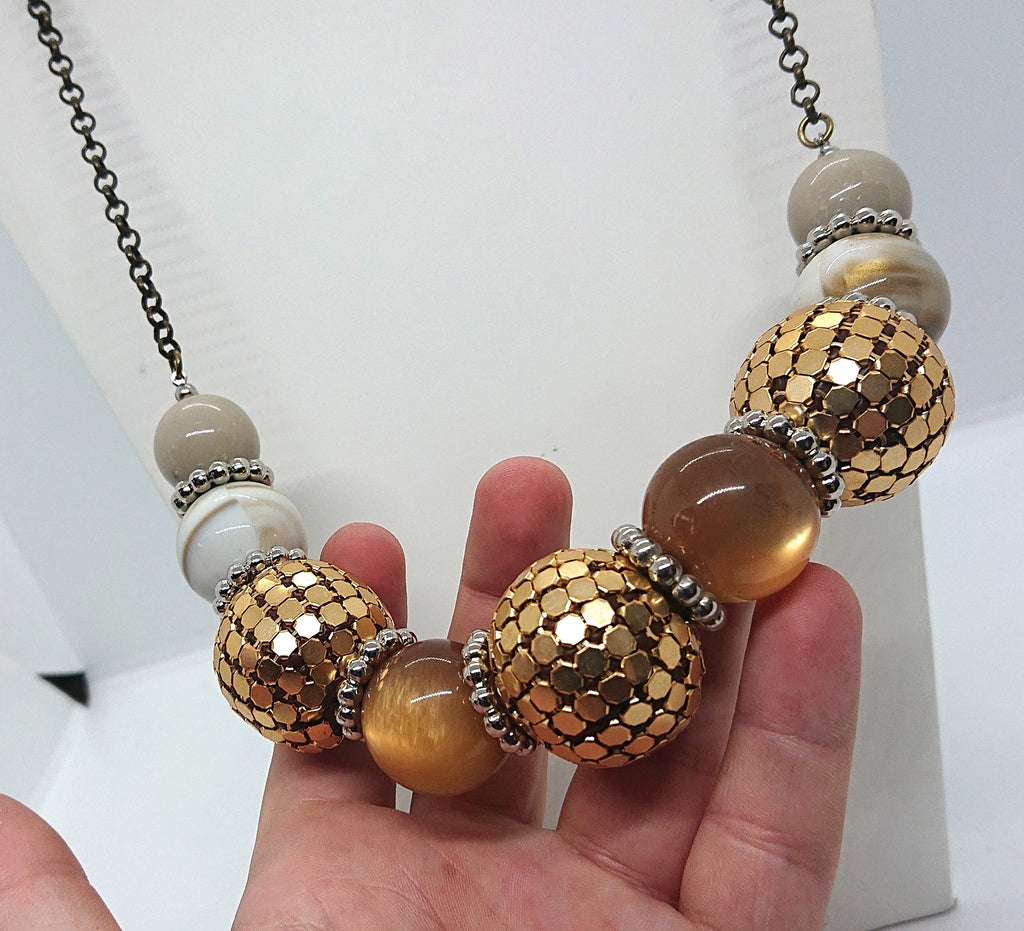 Vintage Gold Chunky Beaded Necklace Costume Jewellery Jewelry Cream, Copper Lucite Round Beads