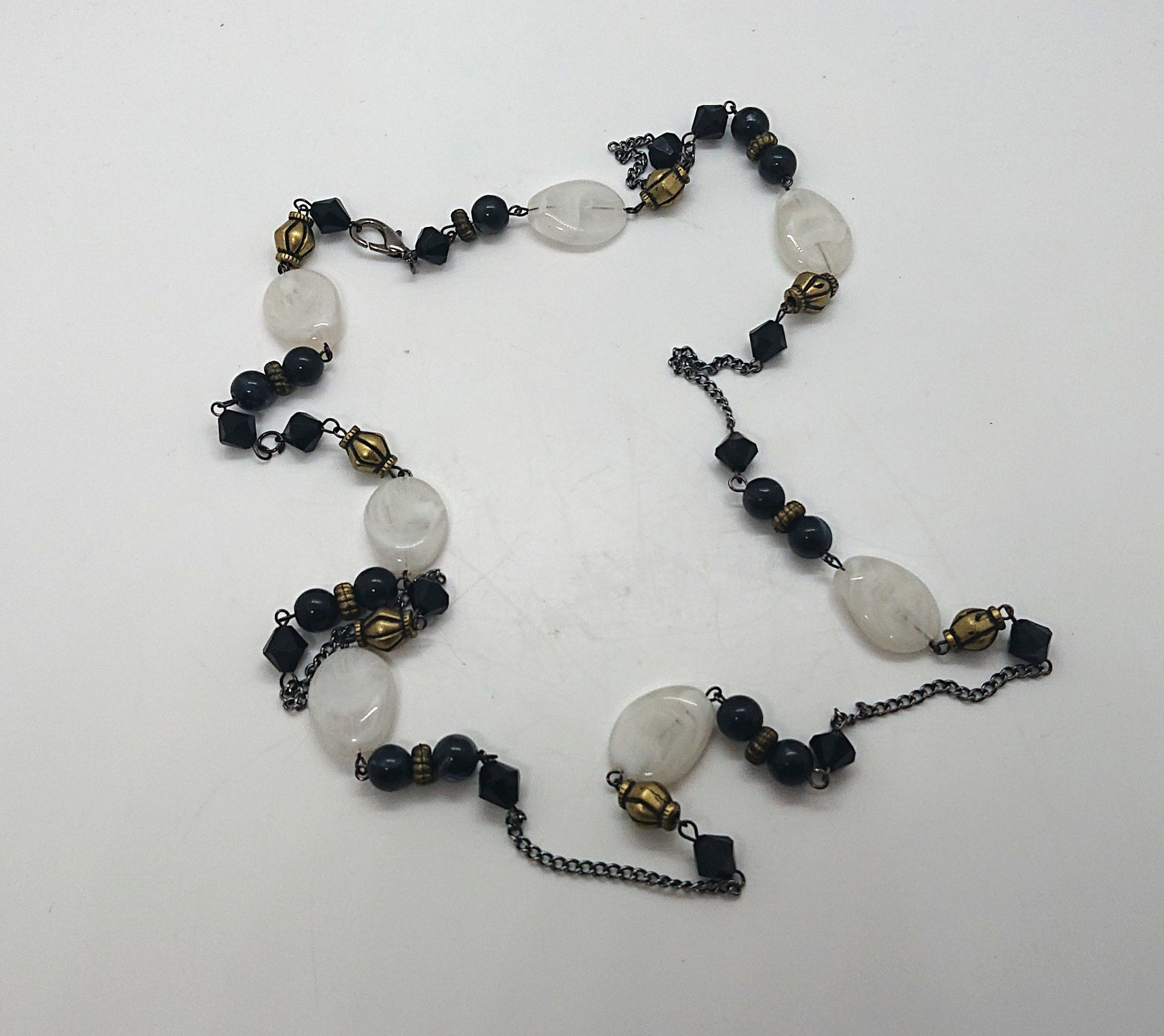Vintage Lucite Beaded Necklace Art Nouveau Style Black, White and Gold Costume Jewellery Jewelry