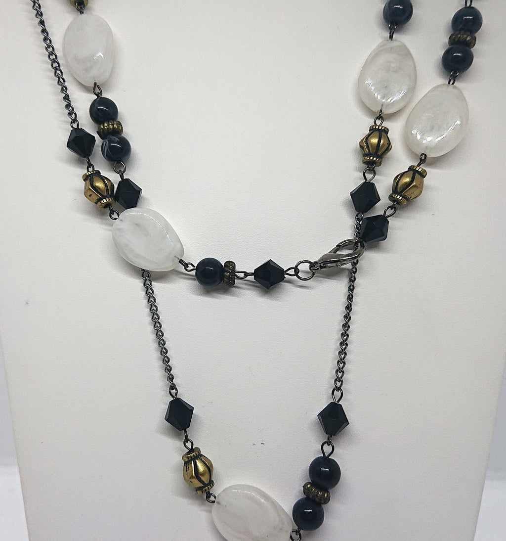 Vintage Lucite Beaded Necklace Art Nouveau Style Black, White and Gold Costume Jewellery Jewelry