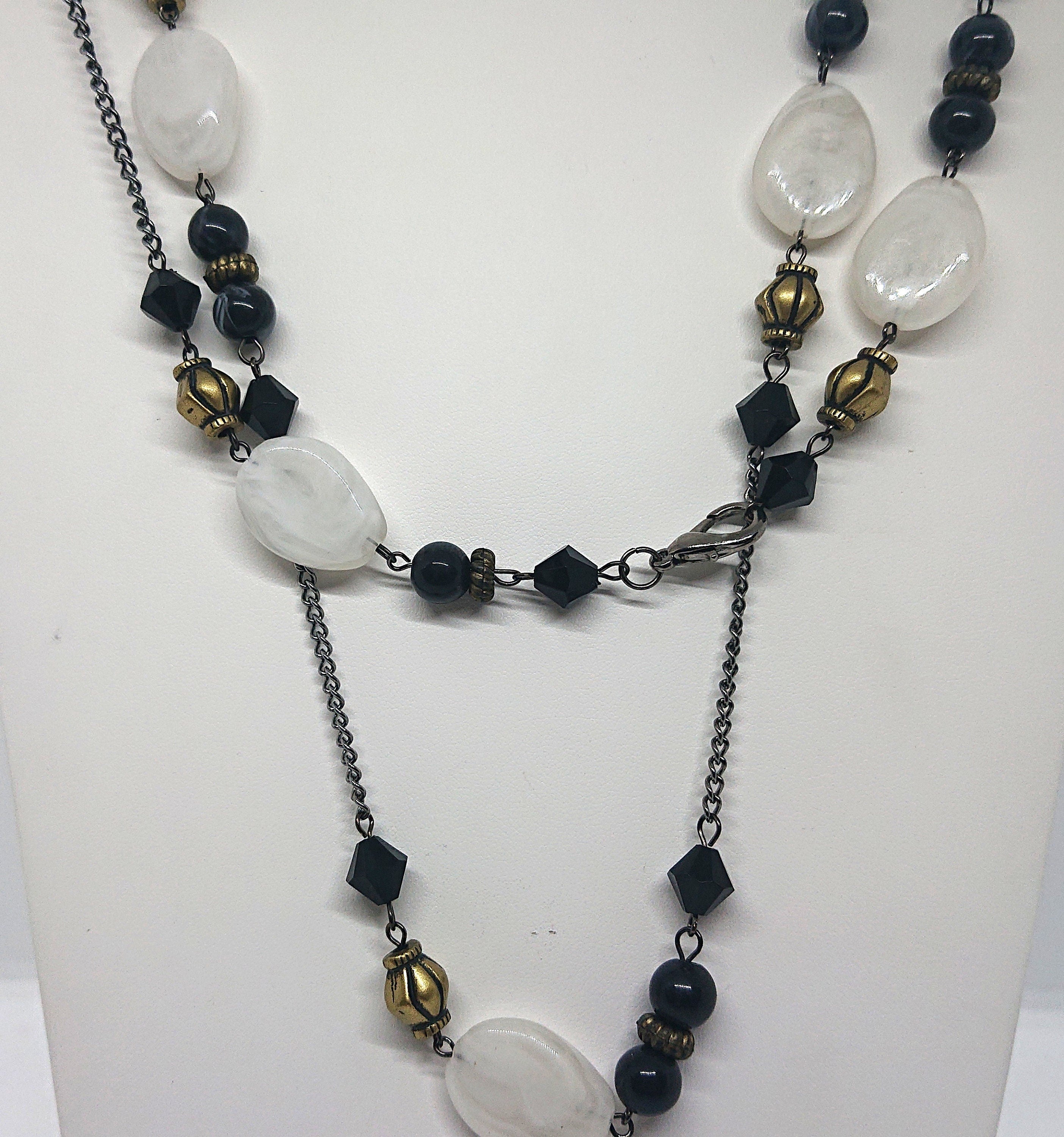 Vintage Lucite Beaded Necklace Art Nouveau Style Black, White and Gold Costume Jewellery Jewelry