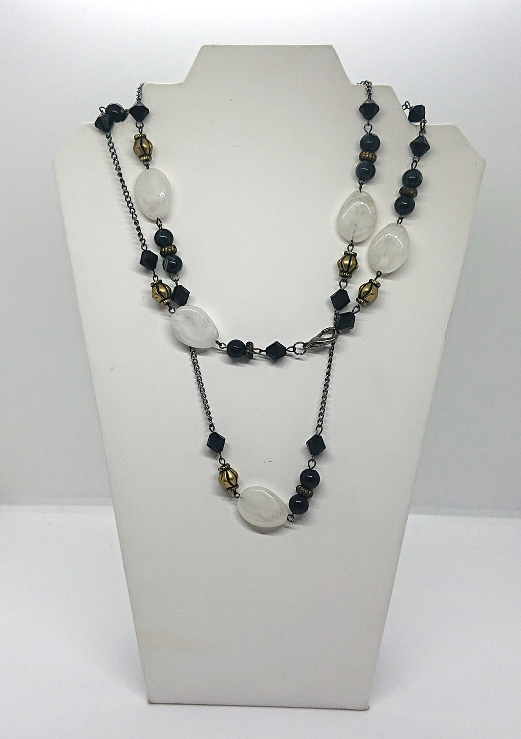 Vintage Lucite Beaded Necklace Art Nouveau Style Black, White and Gold Costume Jewellery Jewelry