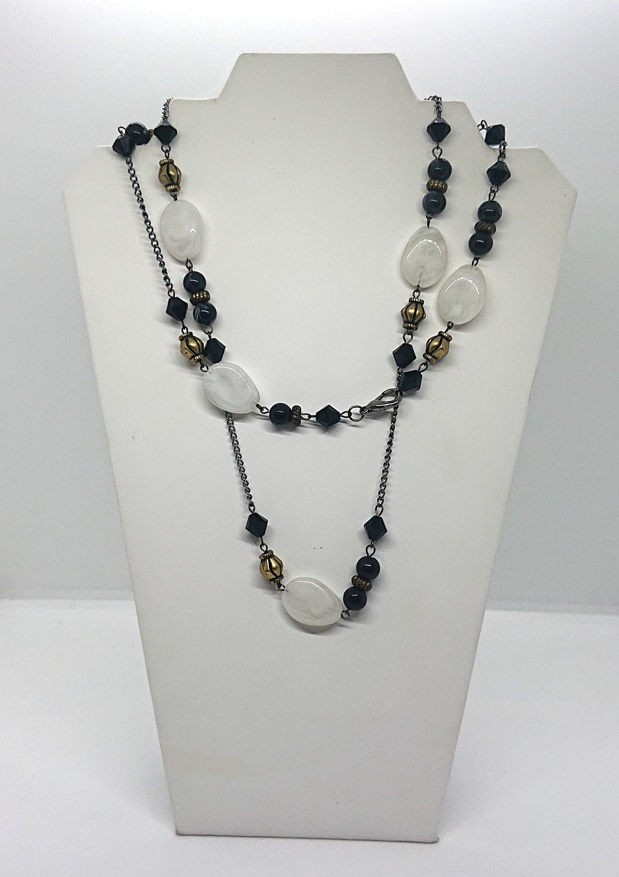 Vintage Lucite Beaded Necklace Art Nouveau Style Black, White and Gold Costume Jewellery Jewelry