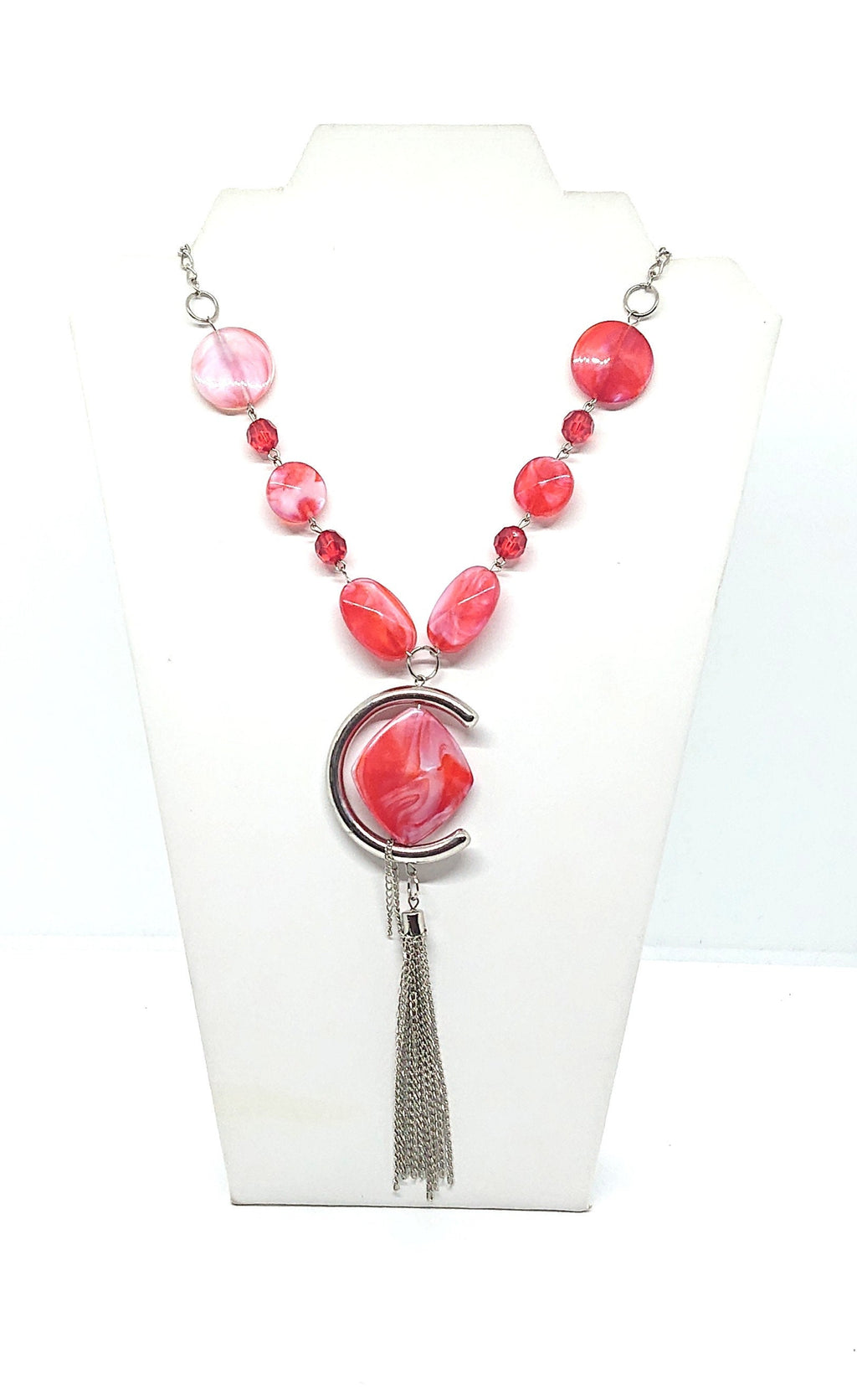 Vintage Red Lucite Pendant Necklace Chunky Silver Tassel Costume Jewellery Jewelry