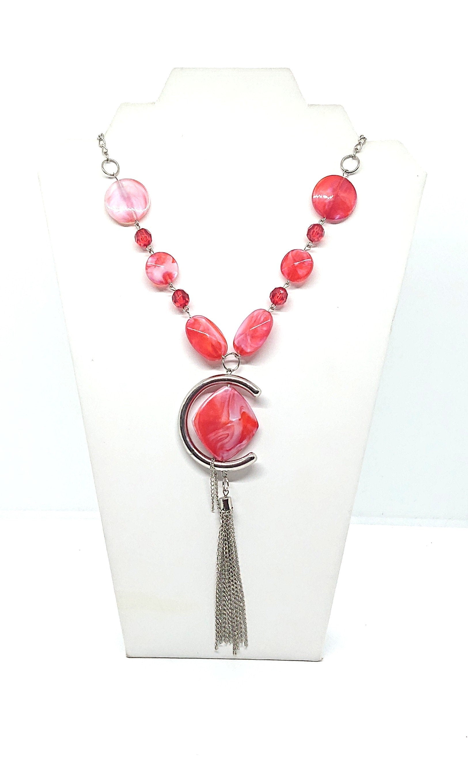 Vintage Red Lucite Pendant Necklace Chunky Silver Tassel Costume Jewellery Jewelry
