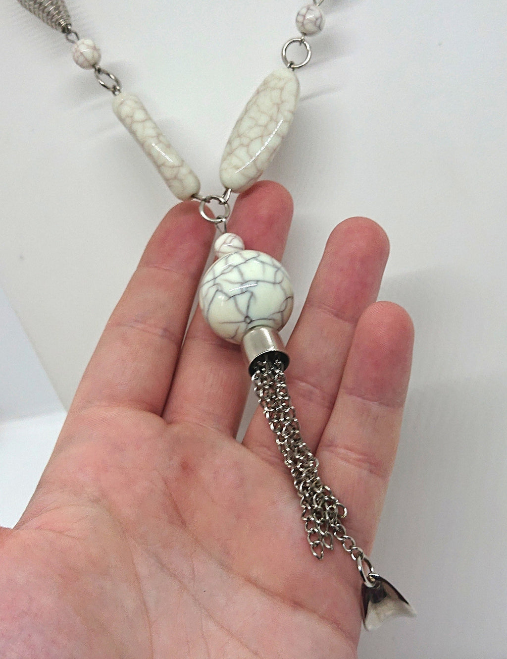 Vintage Tassel Necklace Lucite White Marble and Silver Chain Costume Jewellery Jewelry Necklace