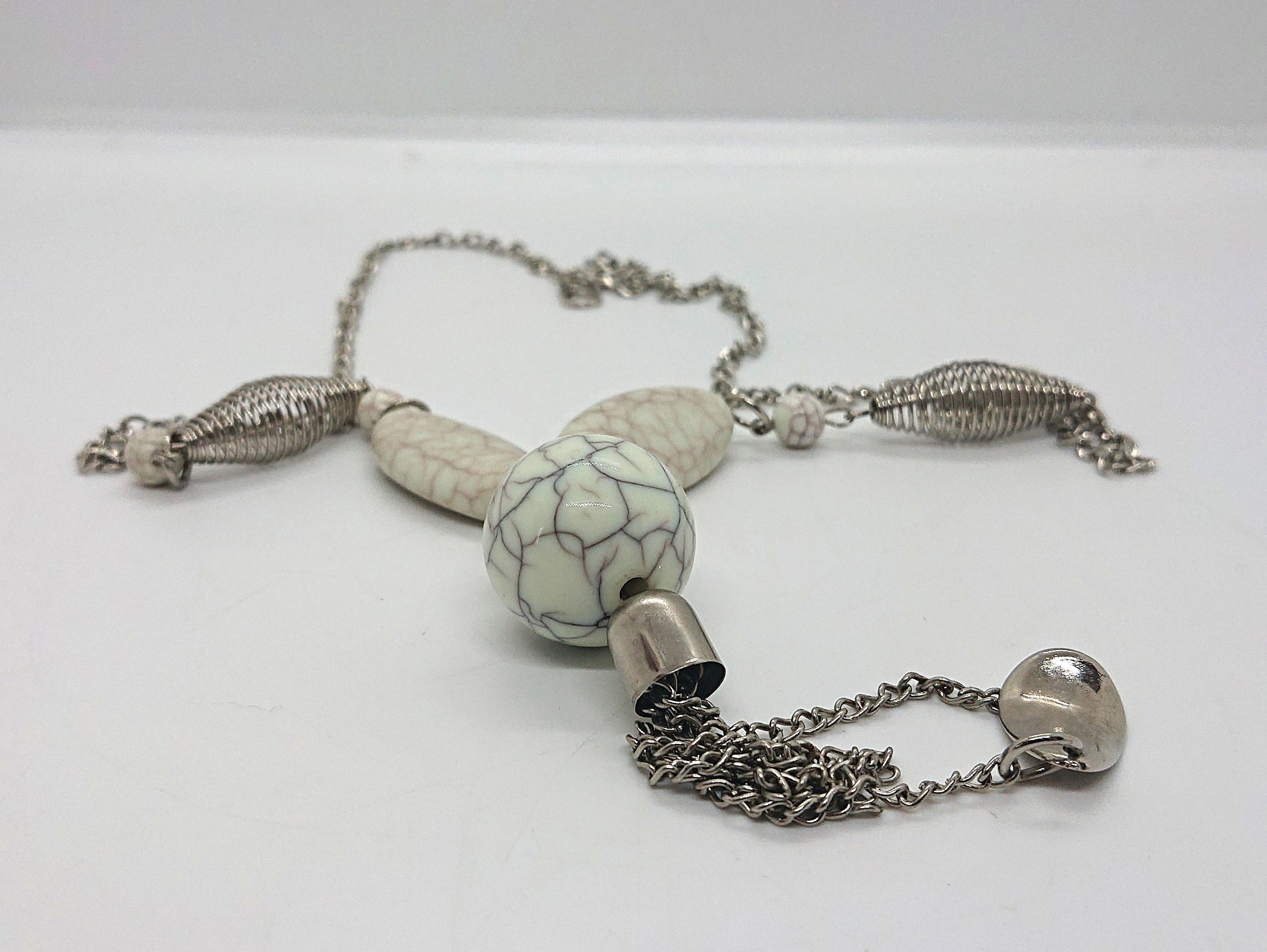 Vintage Tassel Necklace Lucite White Marble and Silver Chain Costume Jewellery Jewelry Necklace
