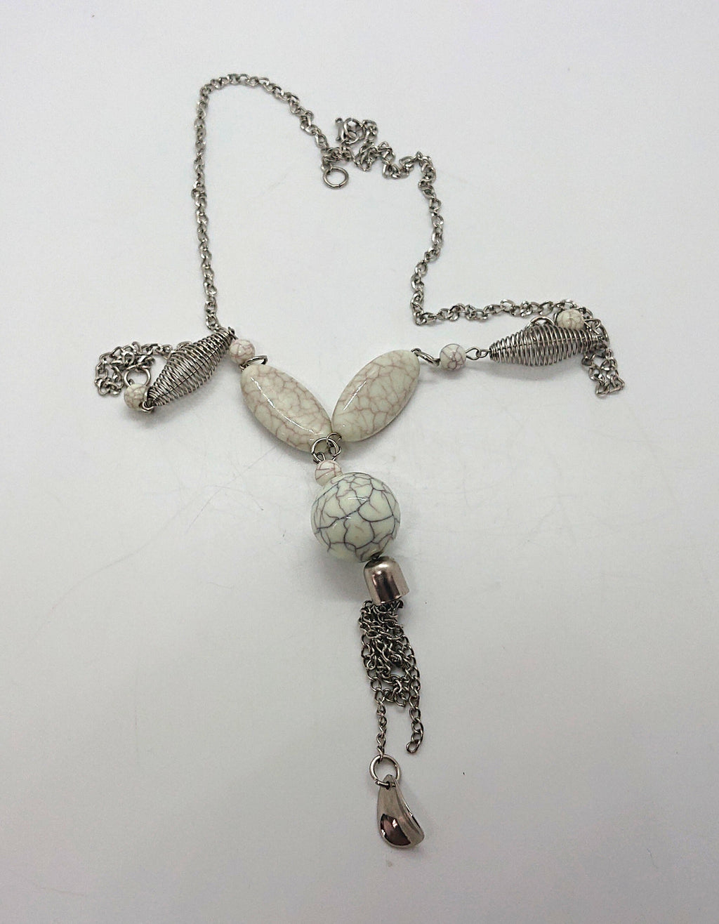 Vintage Tassel Necklace Lucite White Marble and Silver Chain Costume Jewellery Jewelry Necklace