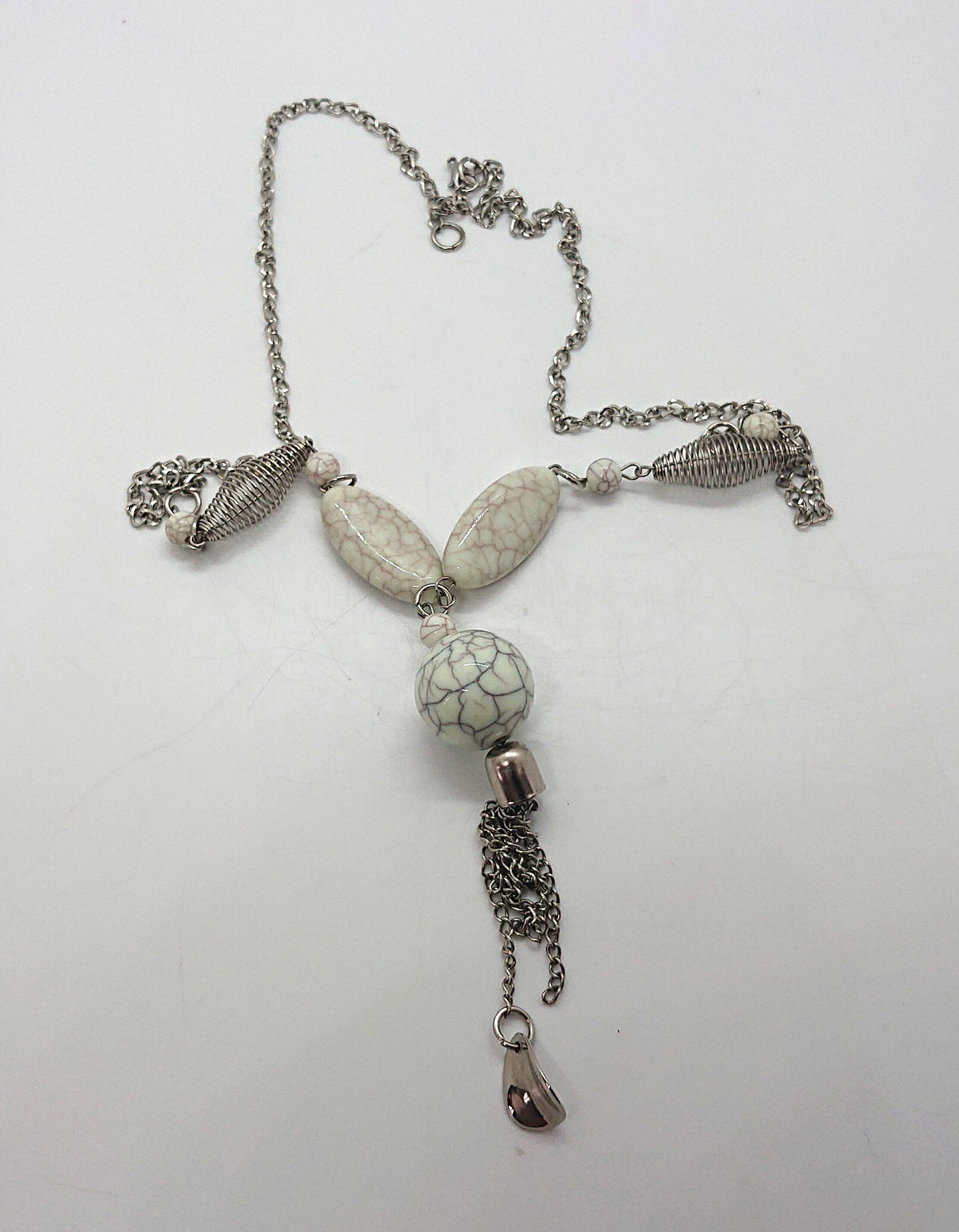 Vintage Tassel Necklace Lucite White Marble and Silver Chain Costume Jewellery Jewelry Necklace