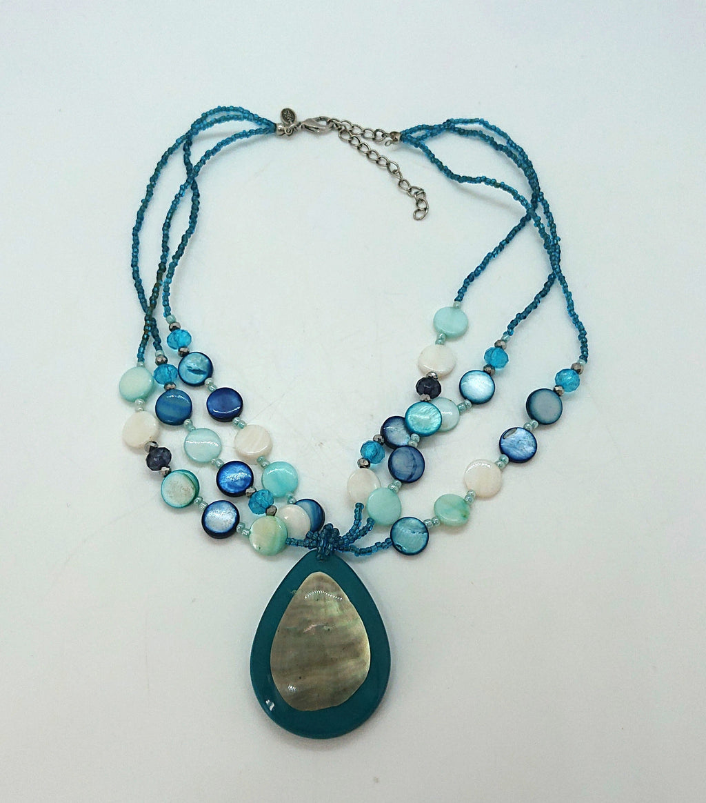 Vintage Blue/Green Pendant Necklace Glass Seed Bead Lucite Pendant M&S Costume Jewellery Jewelry