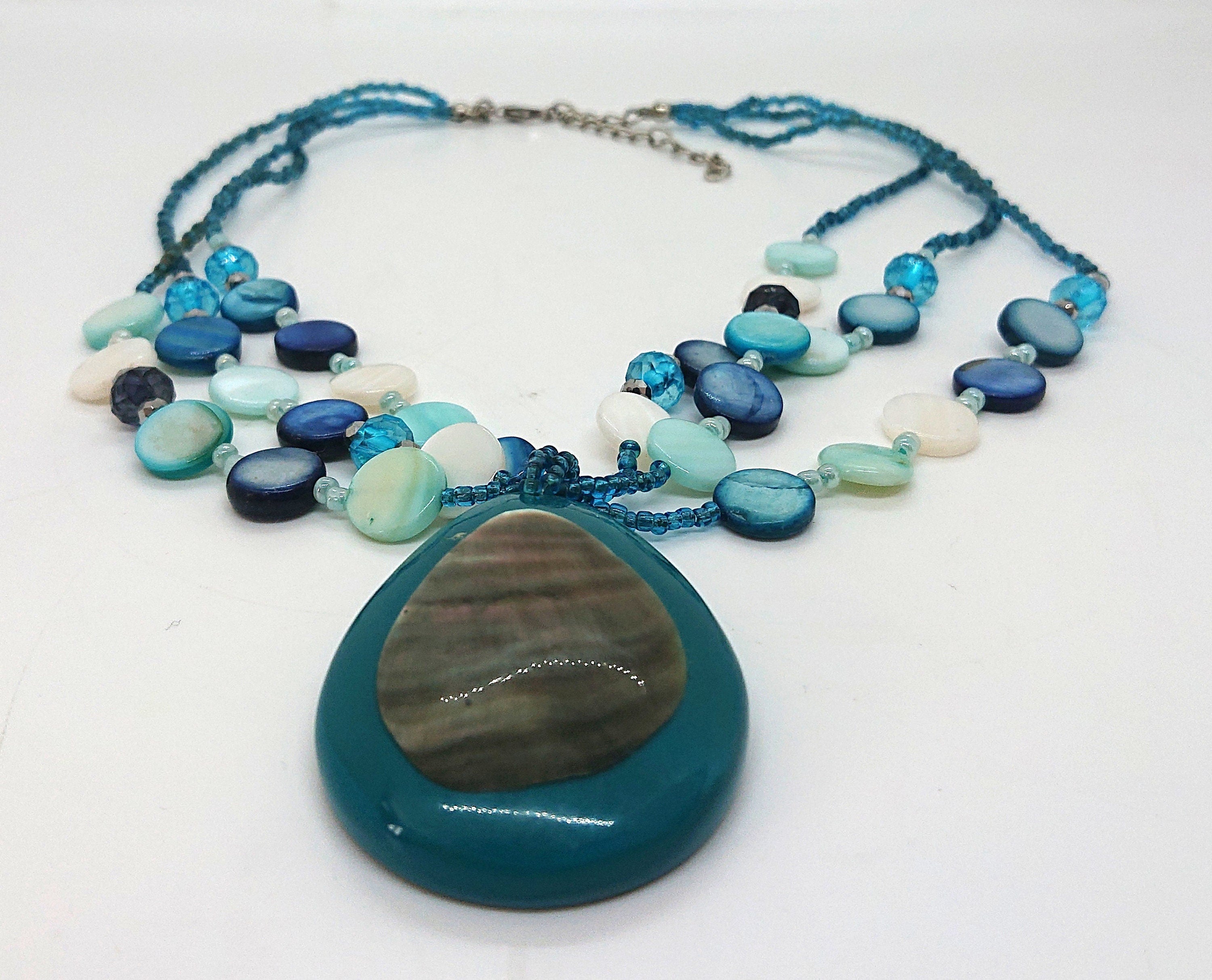 Vintage Blue/Green Pendant Necklace Glass Seed Bead Lucite Pendant M&S Costume Jewellery Jewelry