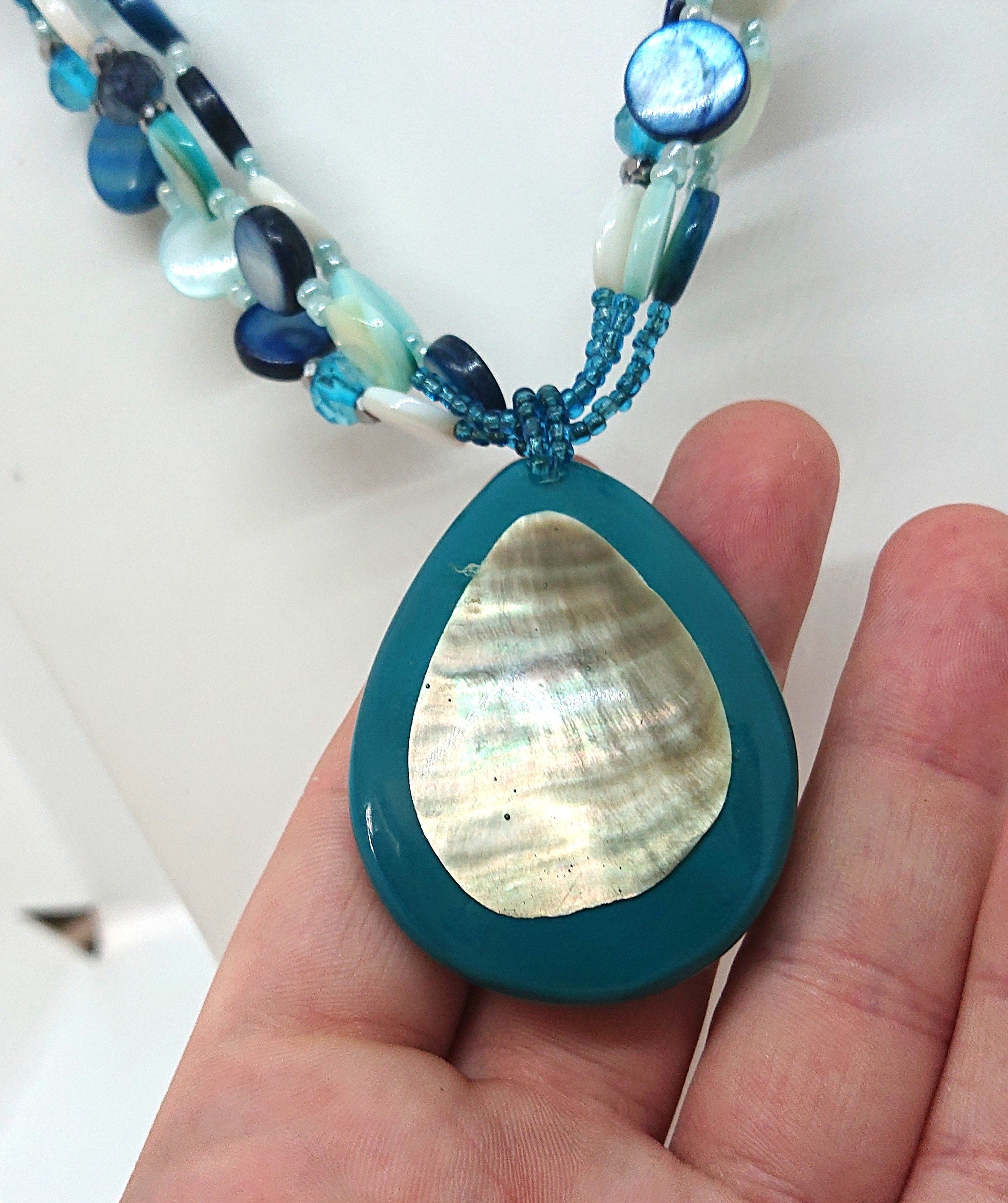Vintage Blue/Green Pendant Necklace Glass Seed Bead Lucite Pendant M&S Costume Jewellery Jewelry