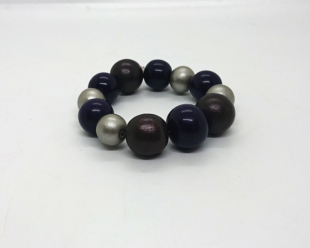 Vintage Wooden Beaded Bracelet Purple and Gold Chunky Bangle Costume Jewellery Jewelry