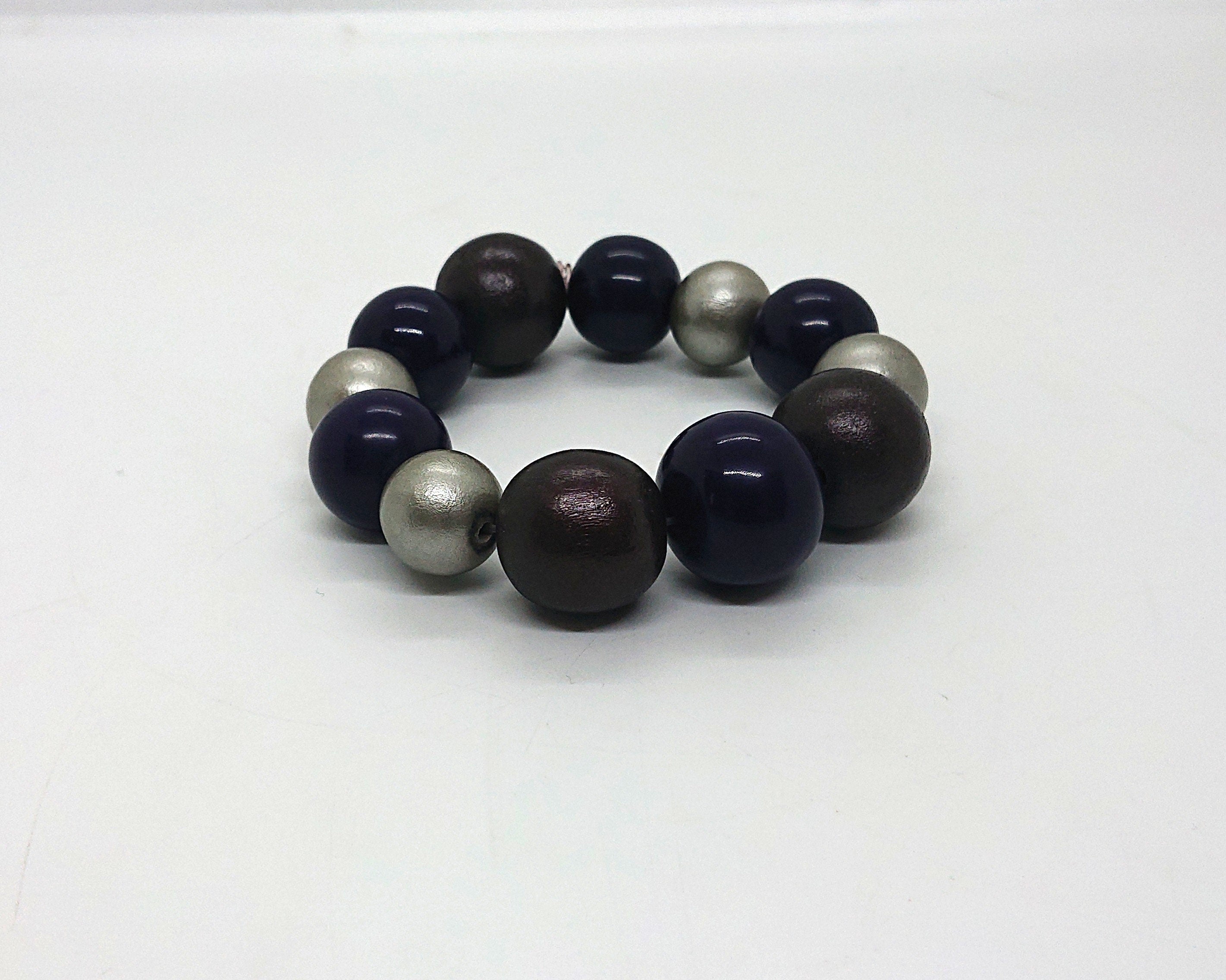 Vintage Wooden Beaded Bracelet Purple and Gold Chunky Bangle Costume Jewellery Jewelry