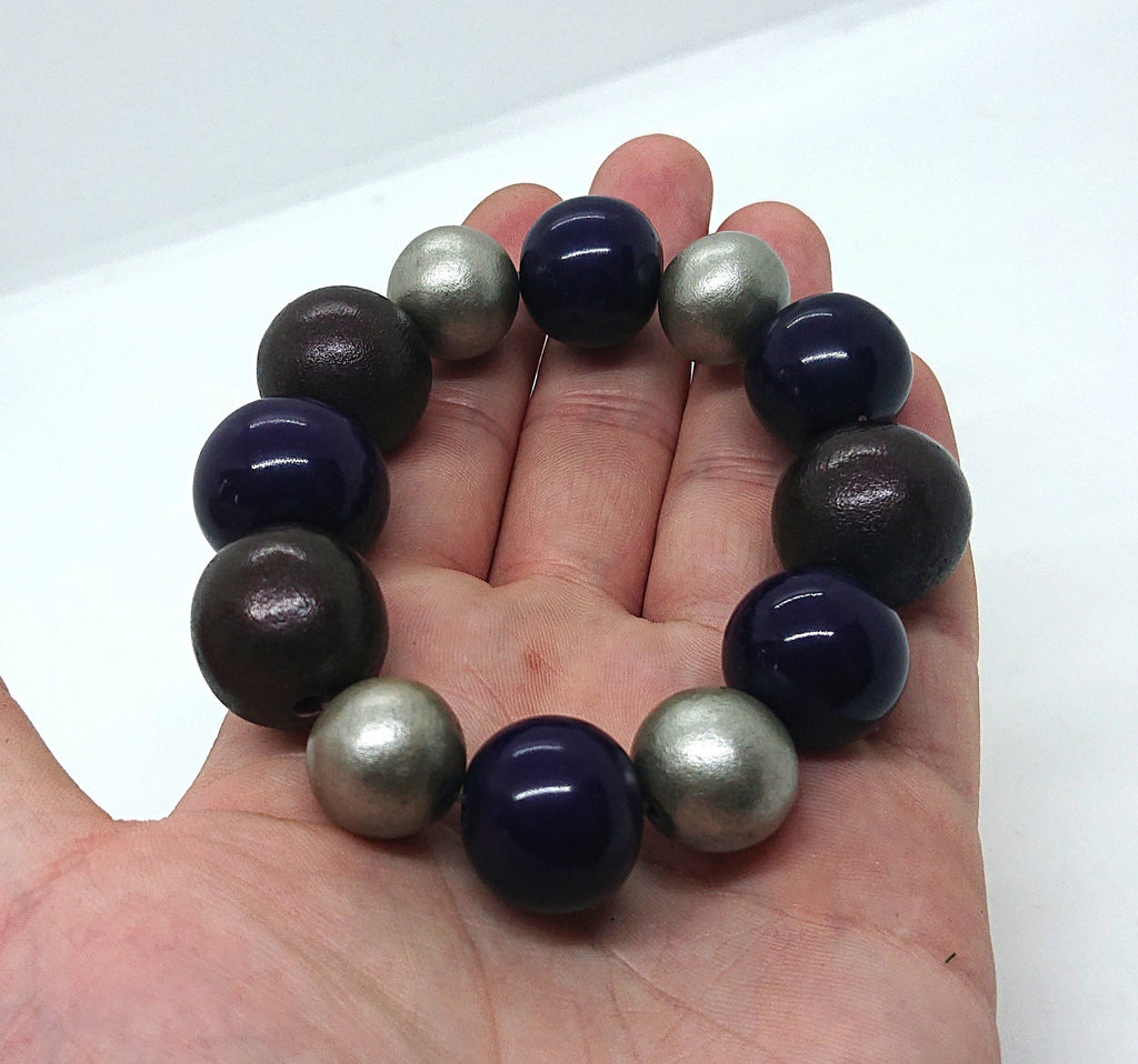 Vintage Wooden Beaded Bracelet Purple and Gold Chunky Bangle Costume Jewellery Jewelry