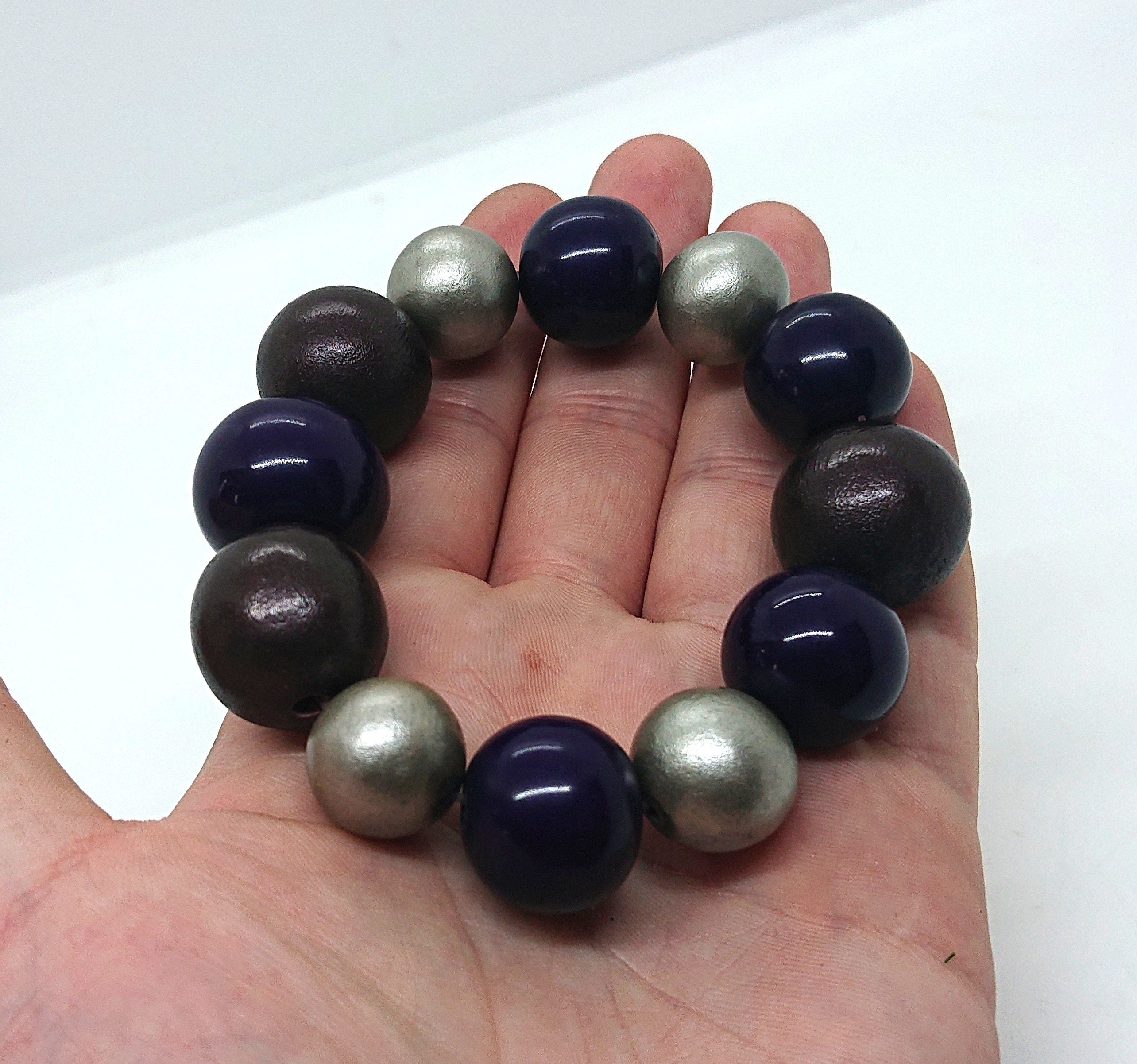 Vintage Wooden Beaded Bracelet Purple and Gold Chunky Bangle Costume Jewellery Jewelry