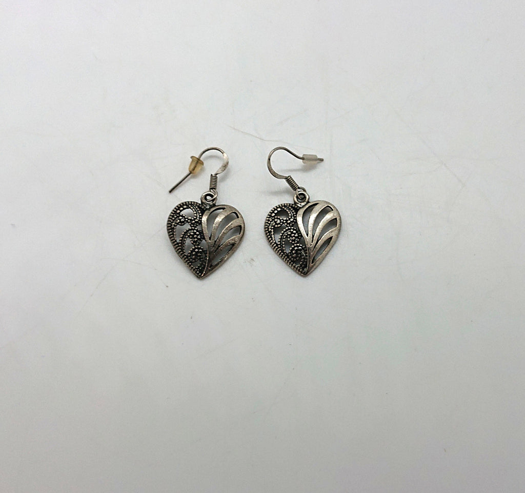Vintage Heart Dangle Earrings, Silver Tone Costume Jewelry