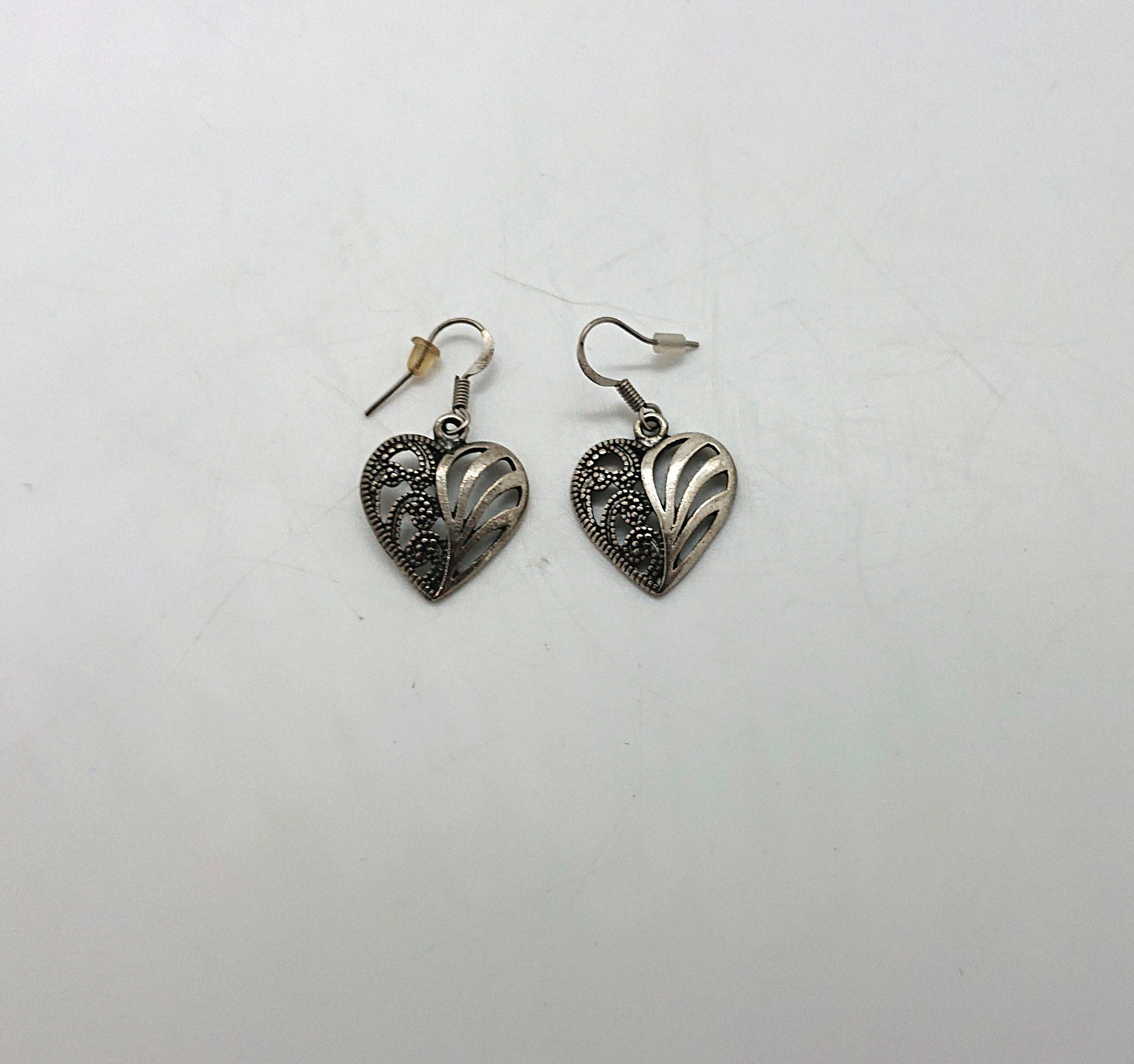 Vintage Heart Dangle Earrings, Silver Tone Costume Jewelry