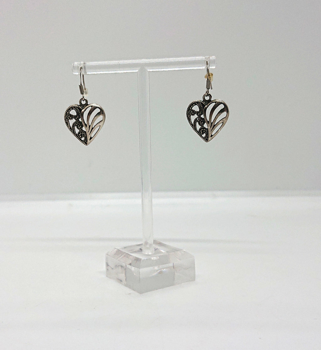Vintage Heart Dangle Earrings, Silver Tone Costume Jewelry