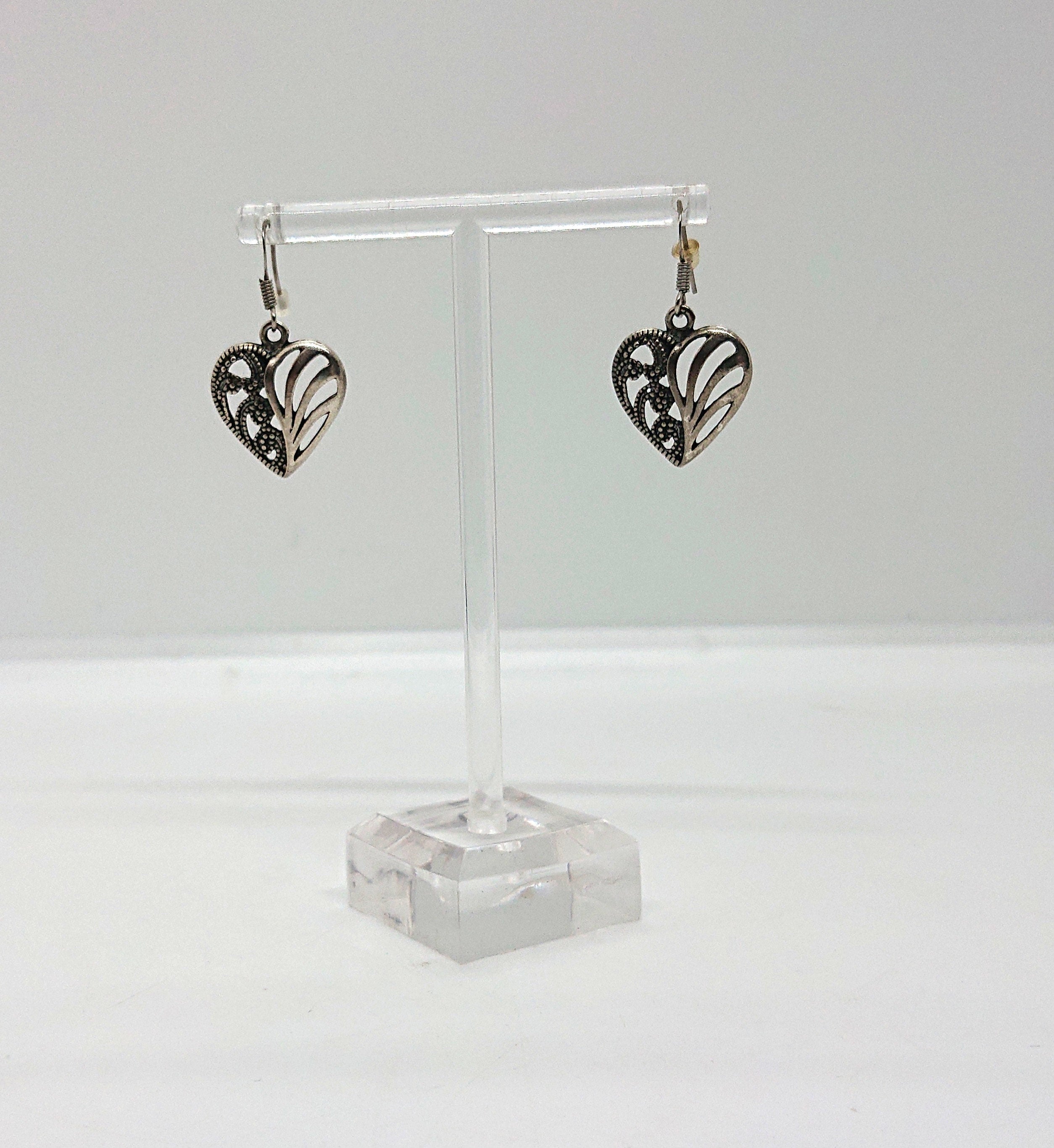 Vintage Heart Dangle Earrings, Silver Tone Costume Jewelry