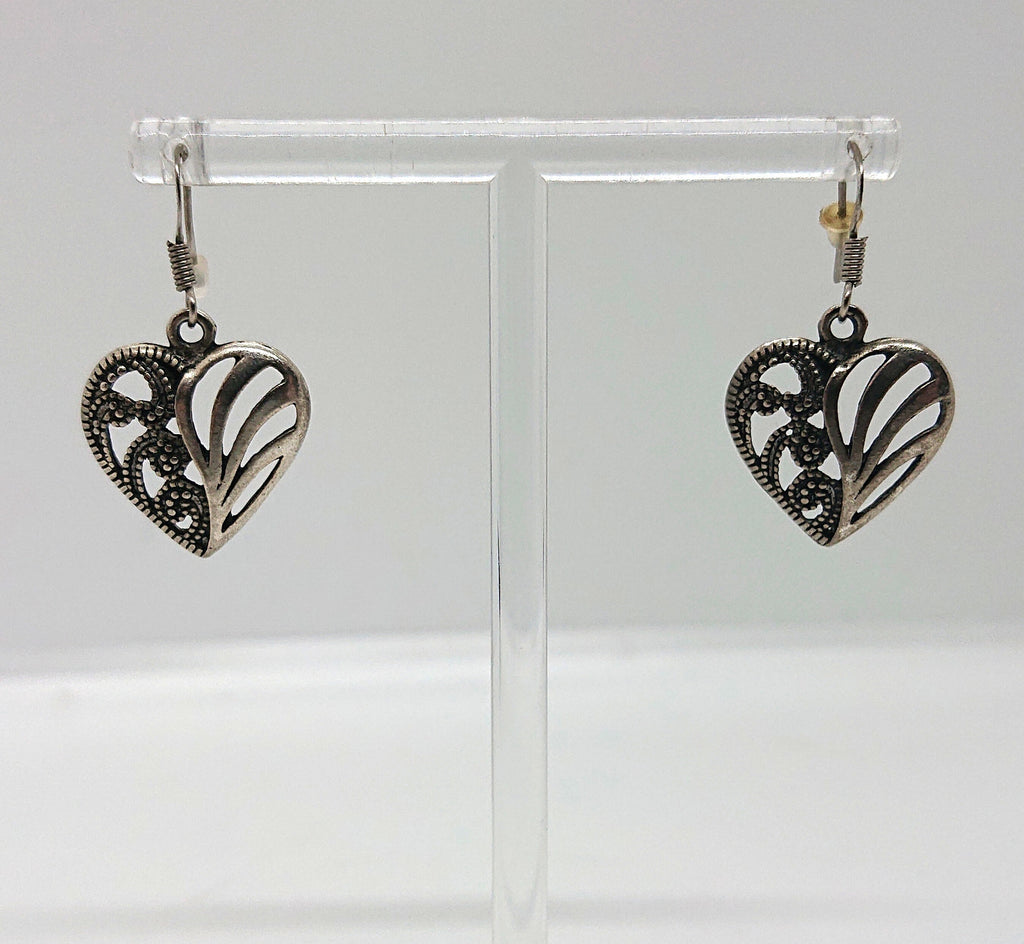 Vintage Heart Dangle Earrings, Silver Tone Costume Jewelry