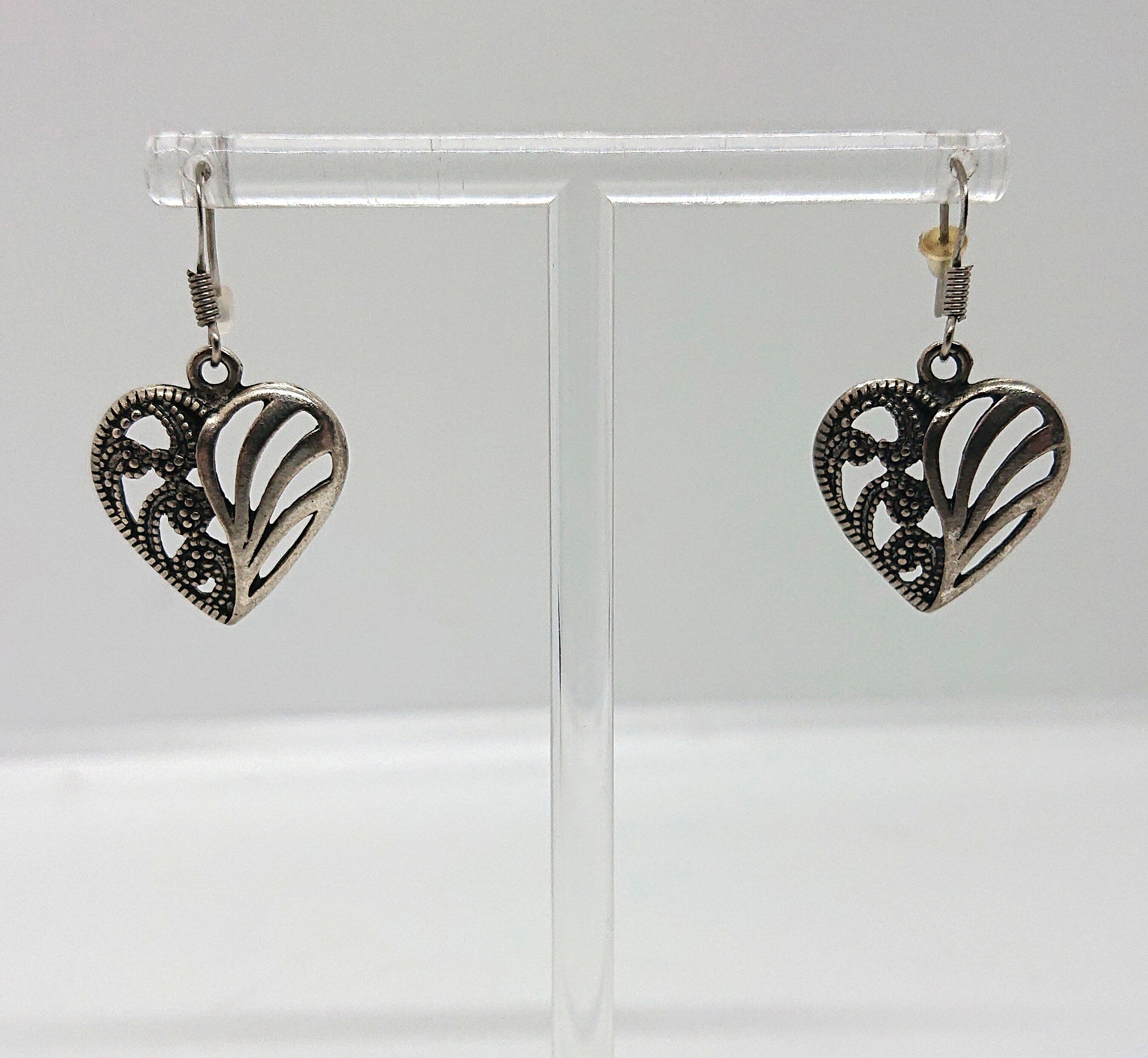 Vintage Heart Dangle Earrings, Silver Tone Costume Jewelry