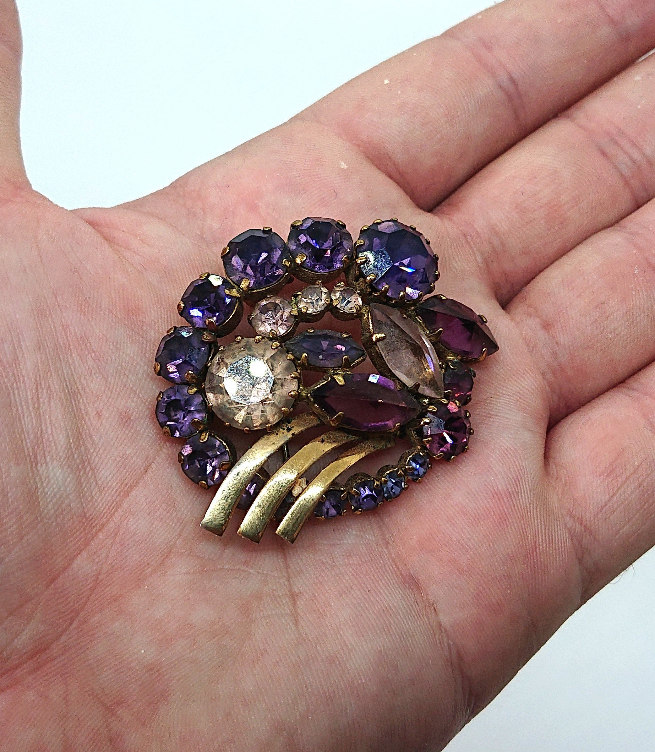 Vintage Mid Century Diamante Brooch, Faux Amethyst & Rose Quartz