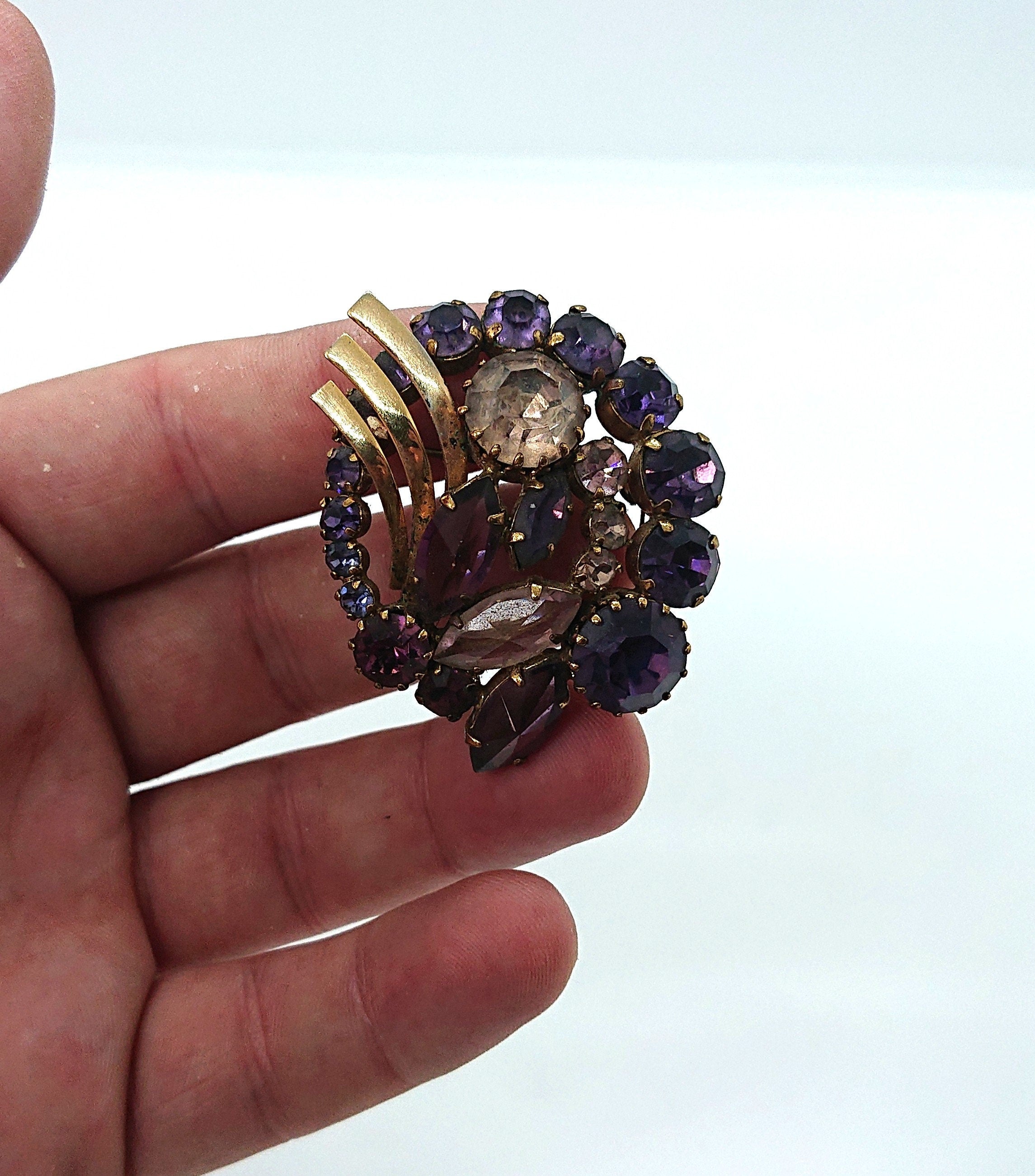 Vintage Mid Century Diamante Brooch, Faux Amethyst & Rose Quartz